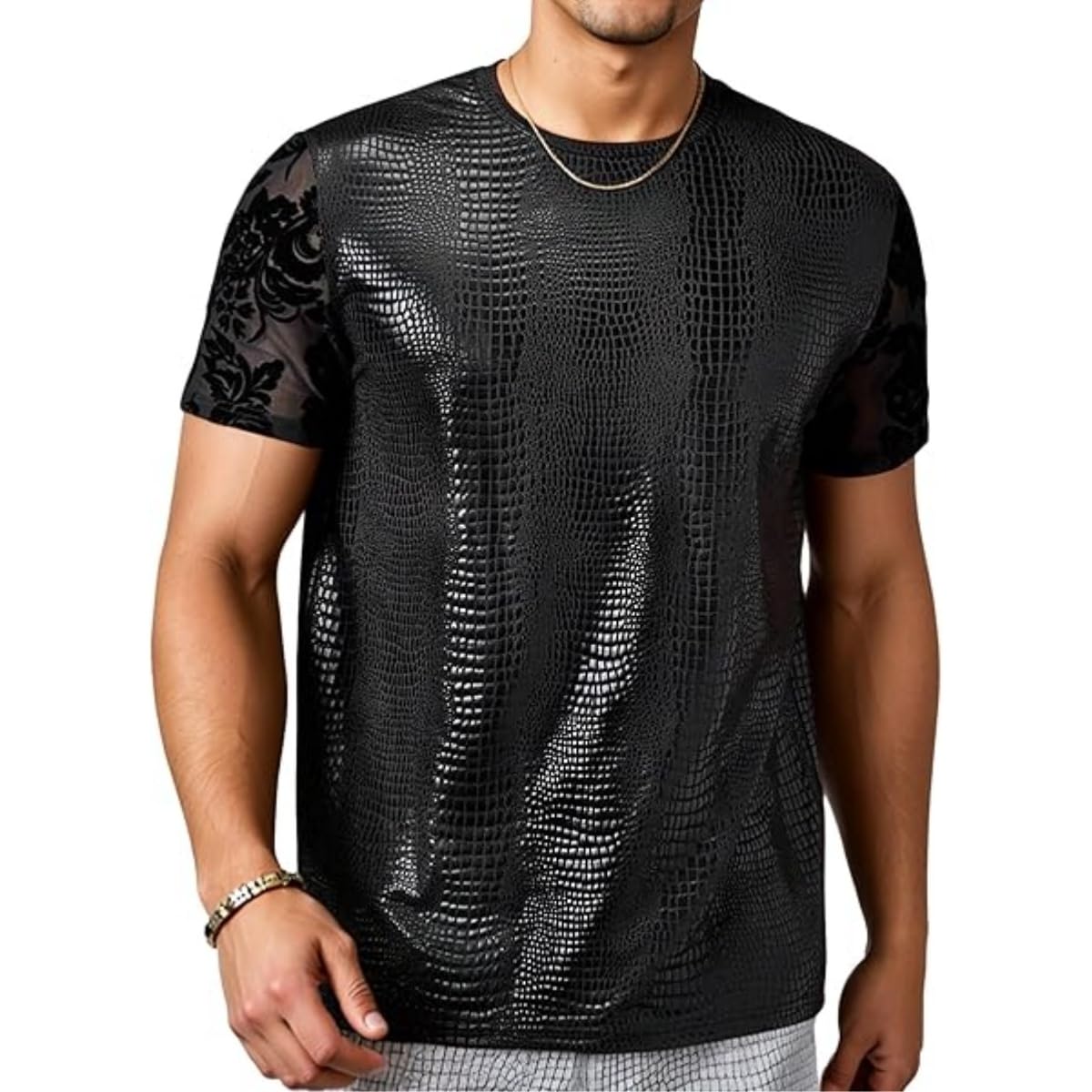 Men's Metallic Top, Short Sleeve Crocodile-Pattern Shiny T-Shirt