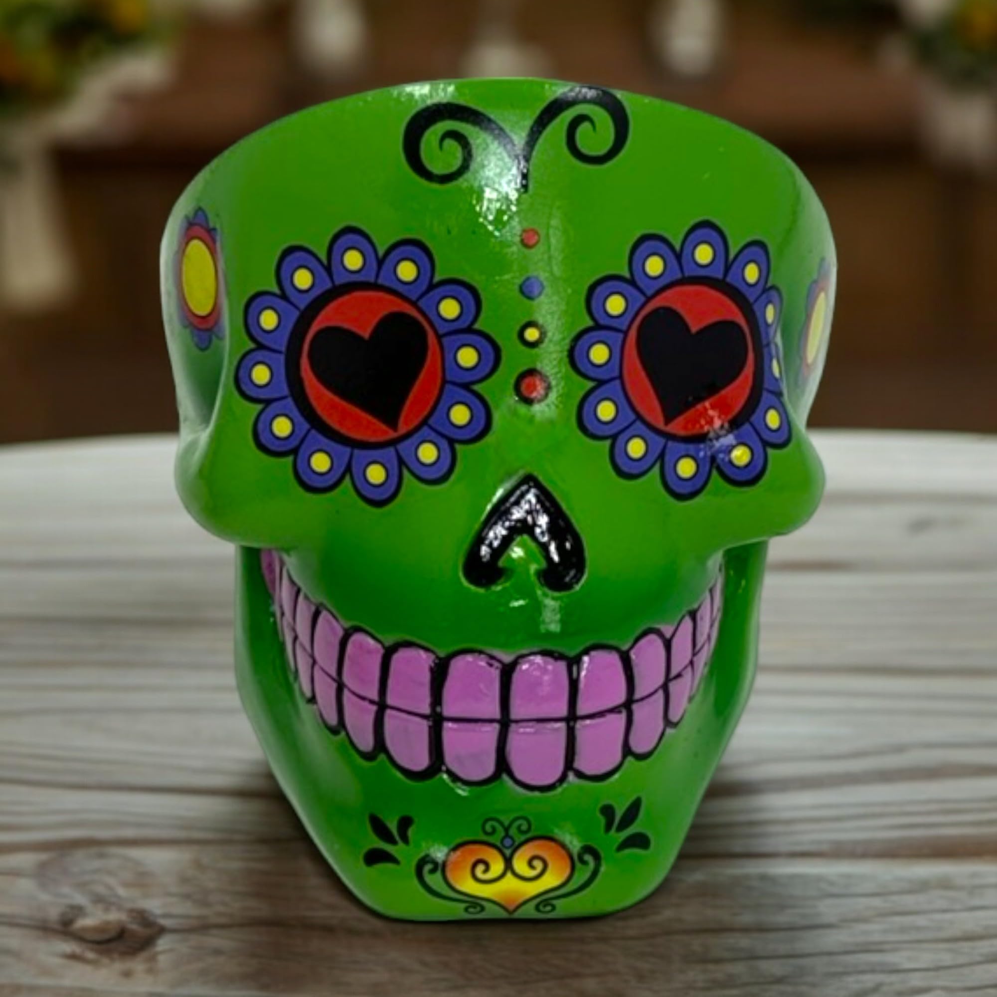 MIJOMA Popielniczka Sugar Skull – dekoracyjna popielniczka z czaszką w meksykańskim stylu Calaveras – ręcznie malowana, dekoracyjna pamiątka z żywicy poliestrowej – fajny prezent dla palaczy (zielona)