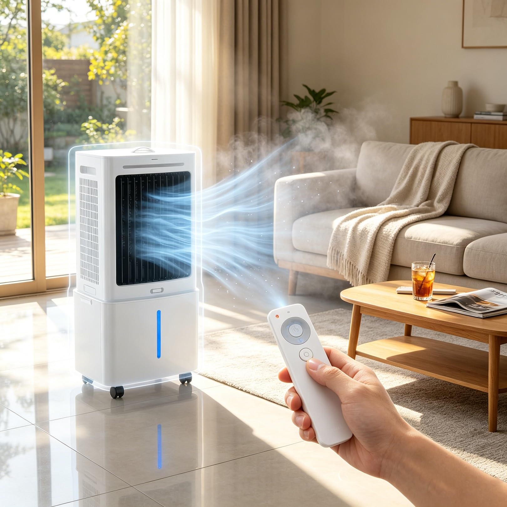 Enfriador de aire evaporativo 3 en 1 con control remoto, tanque de agua de 25 L, ventilador de enfriamiento evaporativo con 3 velocidades, 3 modos de viento, oscilación de 120°