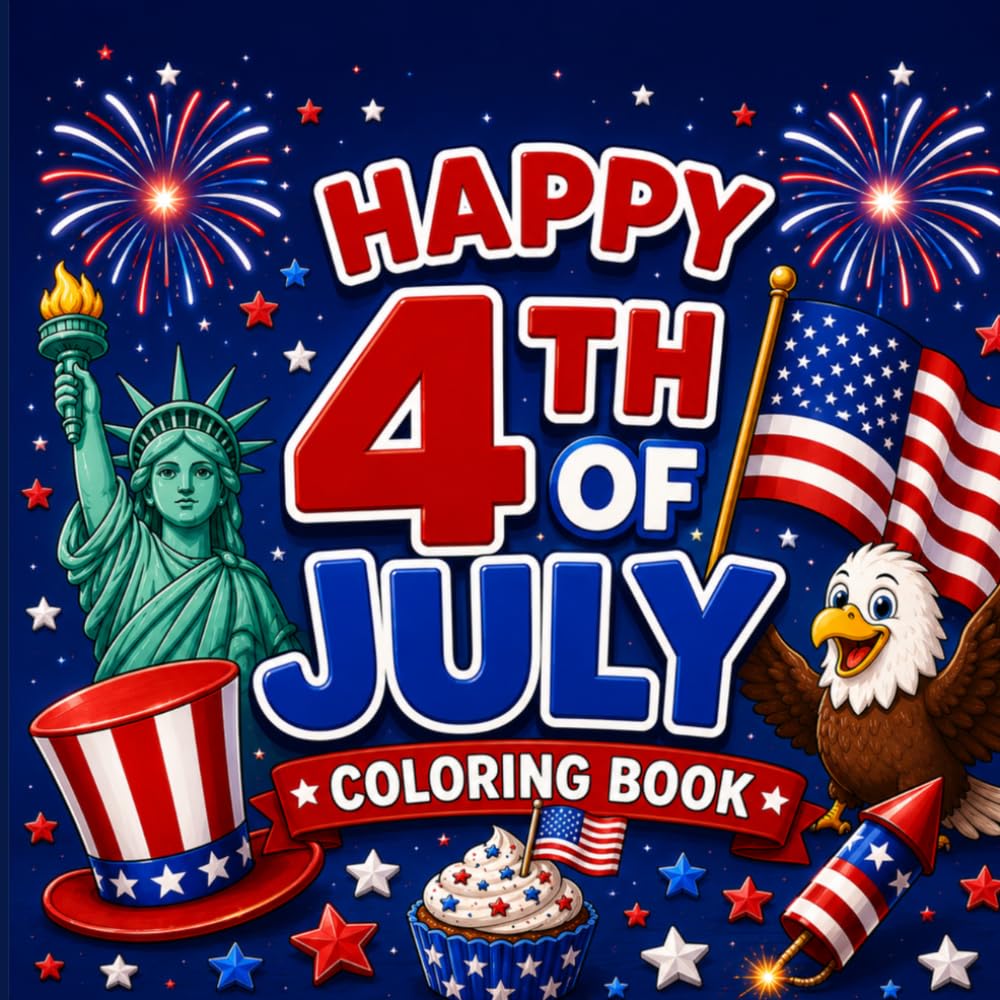 Happy 4th of July Coloring Book: Fun and Easy Patriotic Coloring Pages for Kids Ages 4–8 | Fireworks, Flags, Eagles, Stars and More!
