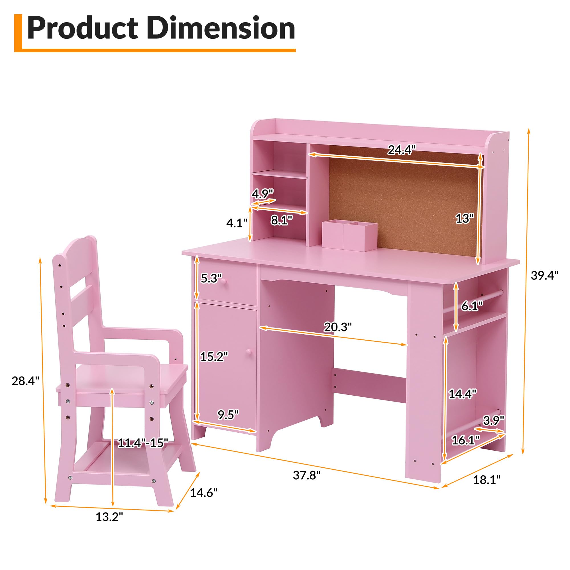 Garvee Kinderschreibtisch, Schreibtisch- und Stuhlset für Jungen und Mädchen, Holzschreibtisch mit Bücherregal, Pinnwand, Schrank und Schublade für Kinder von 3-8 Jahren, Rosa