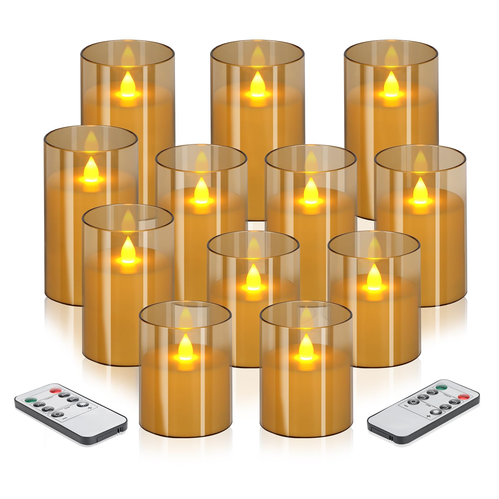 wemarry Flameless Candles 4" 5" 6" Acrylic Glass Pillars 3" Diameter Battery Operated Flickering Candles Include 8-Key Remote with Timer Function 400+ Hours (Amber, Warm Light 12 Pack)