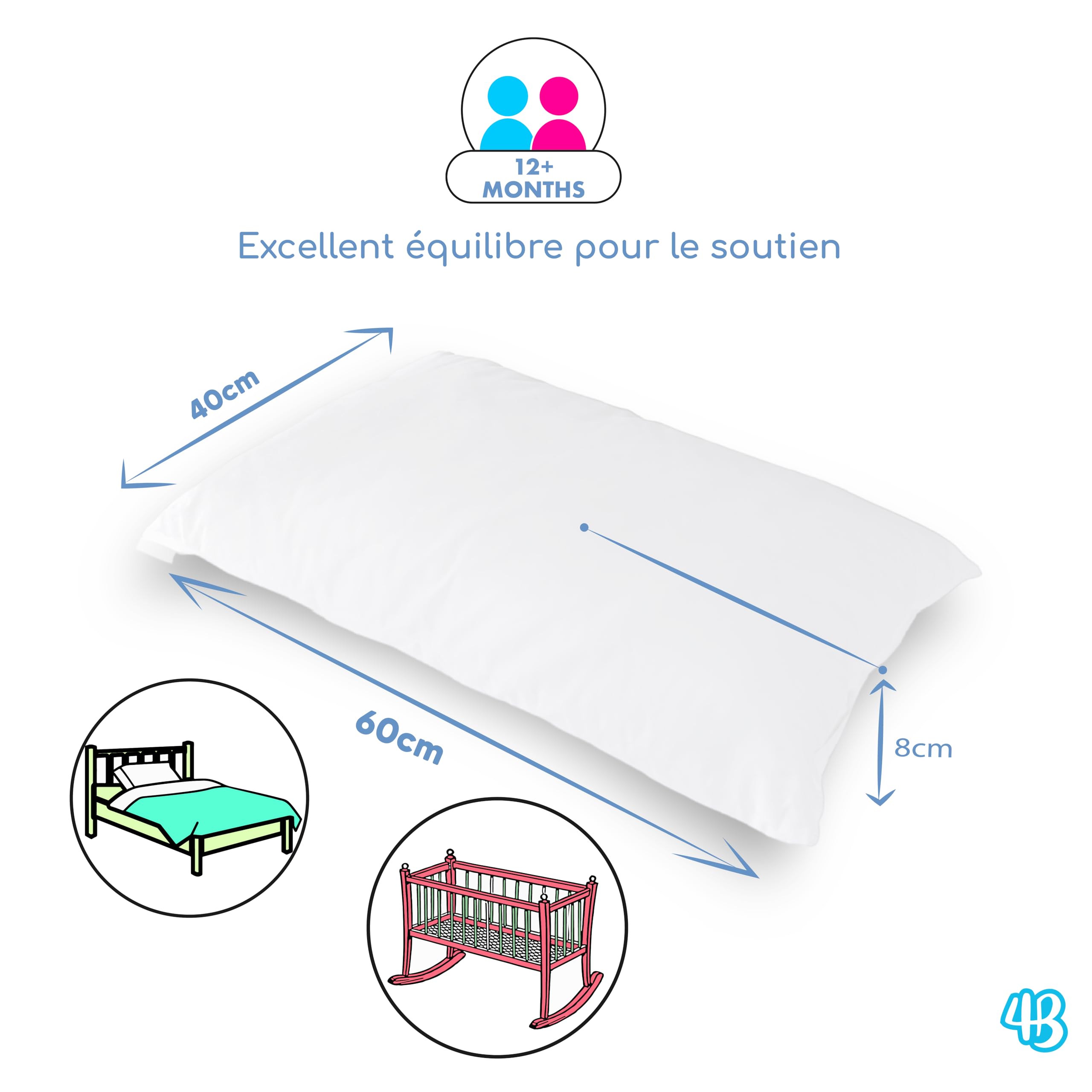 Oreiller 40x60 puor Enfant à partir de 1 an, Coussin pour Lit Enfant ou Bébé Respirant avec revêtement en Coton 100% Italien, Coussin Hypoallergénique Anti-acarien