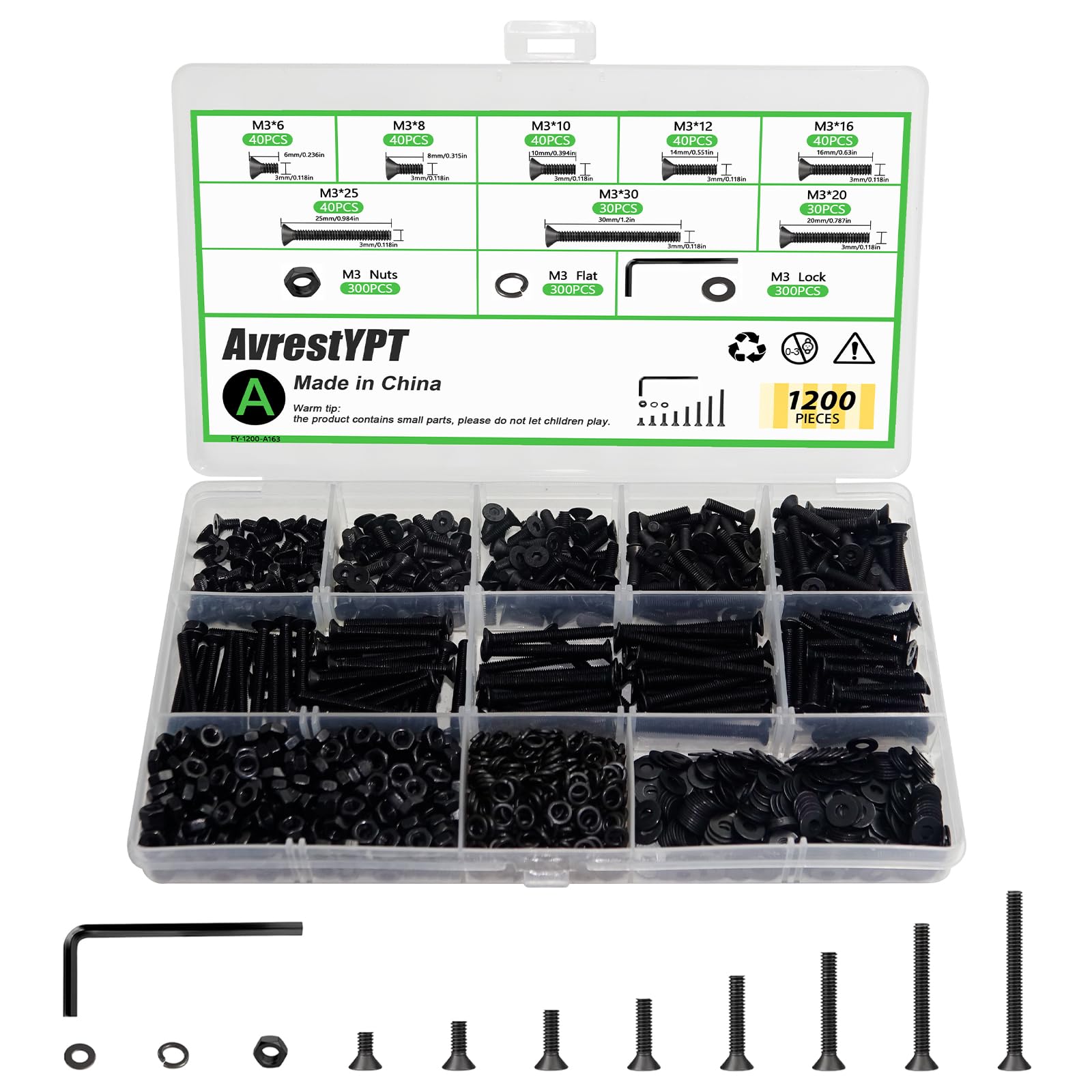 Photo 1 of ?1200Pcs M3 Countersunk Flat Head Phillips Machine Screws Assortment Kit, Nuts Washers with Screwdriver, M3x6/8/10/12/16/20/25/30mm for Electronics & Machinery
