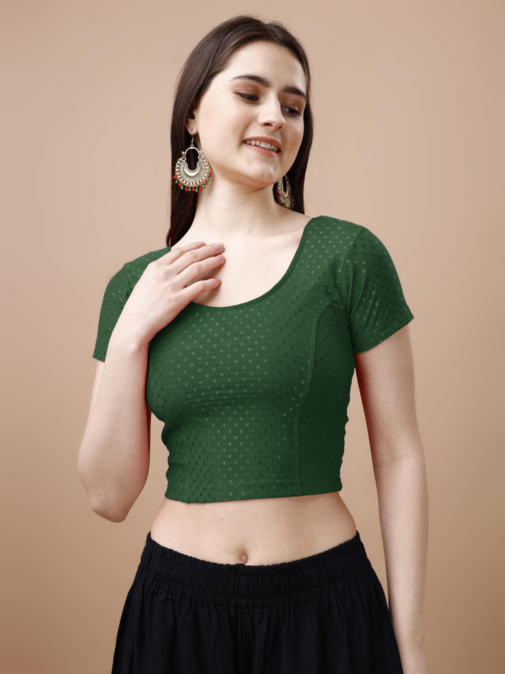 Pujia Mills Women's Readymade Dobby Cotton Lycra Stretchable Round Neck Short Sleeve Blouse Fancy Green Color Lycra Stretchable Blouse For Women Stylish Readymade Saree Blouse