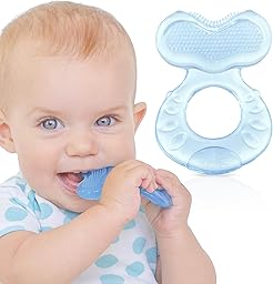 Nuby Teethe-eez souple en silicone | Anneau de dentition en silicone avec surface pour masser les dents | étui hygiénique inclus | Bleu | +3 Mois