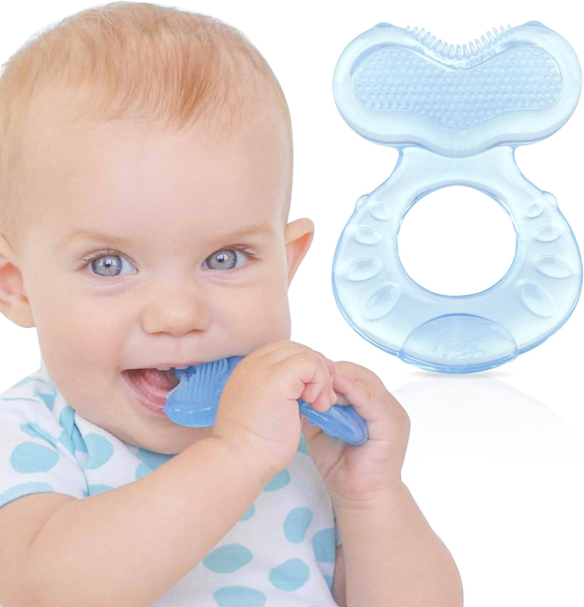 Nuby Silicone Teethe-EEZ Teether with Bristles, Includes Hygienic Case, Blue
