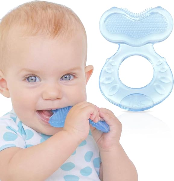 Nuby Teethe-eez souple en silicone | Anneau de dentition en silicone avec surface pour masser les dents | étui hygiénique inclus | Bleu | +3 Mois - 1