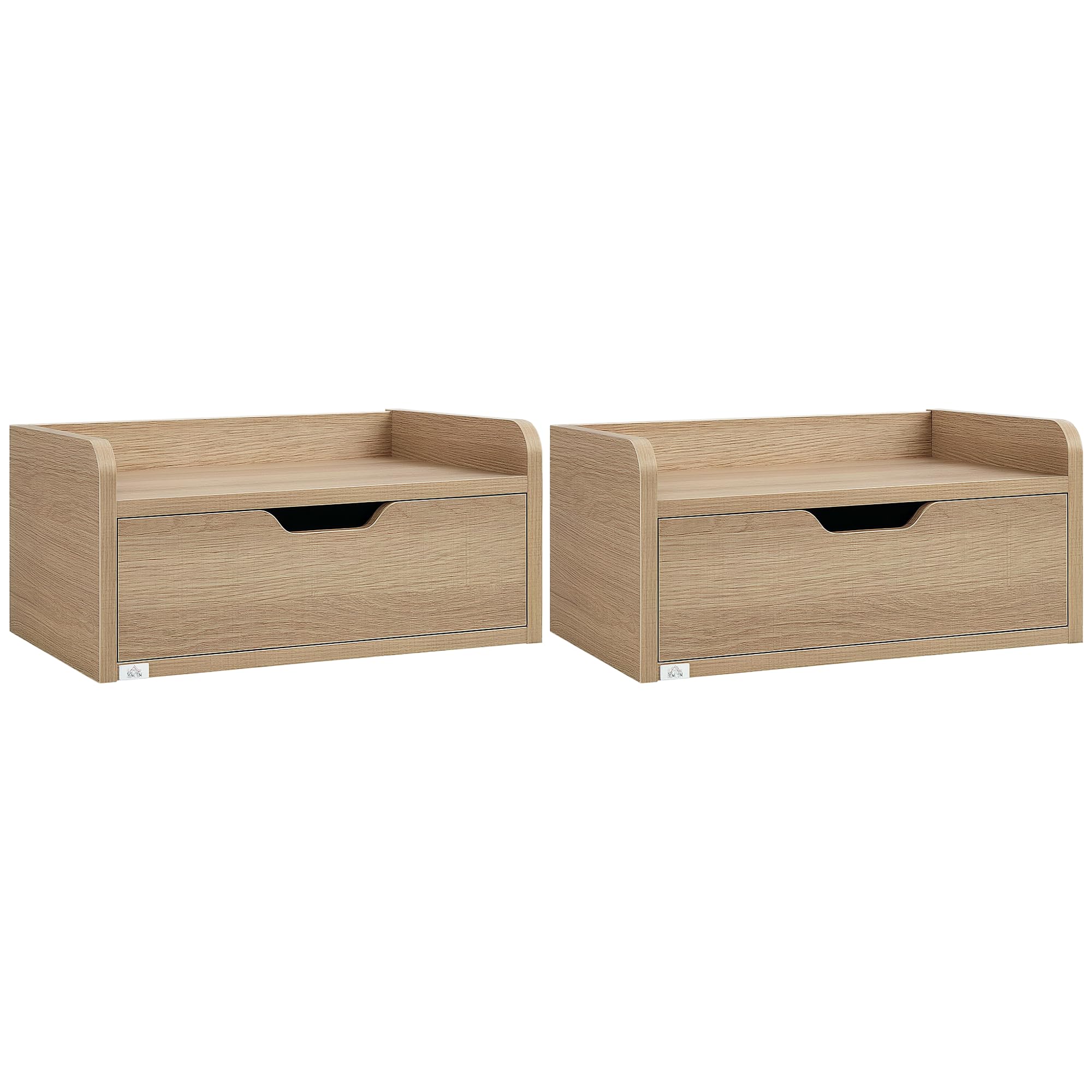 HOMCOM Floating Bedside Table Set of 2 - Natural Brown Particle Board - Drawer Storage - Wall Mounted