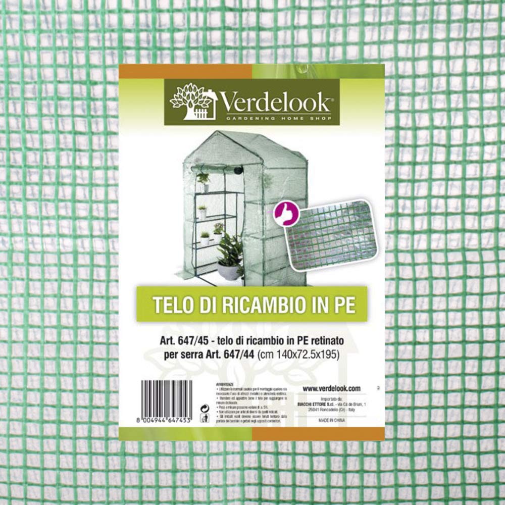 VERDELOOK | Telo di Ricambio in PE Retinato per Serra a 8 Ripiani Codice 647/5, Resistente, Protezione Piante, Apertura Frontale con Cerniera 144x74x195 cm
