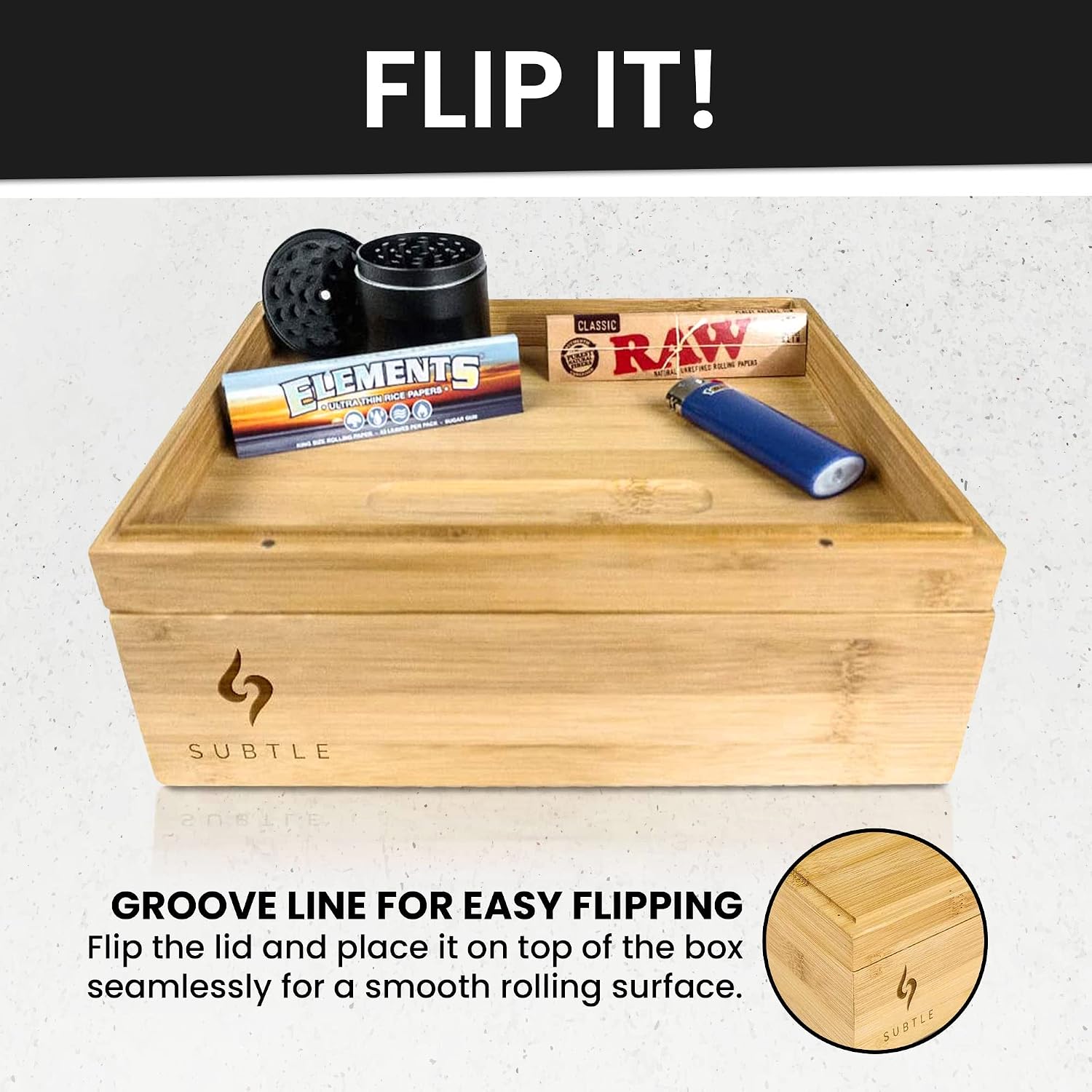 Large Bamboo Stash Box w/Ample Storage Space to Organize Herb Accessories - Comes with Convertible Rolling Tray Lid - (10" x 8" x 3.5")