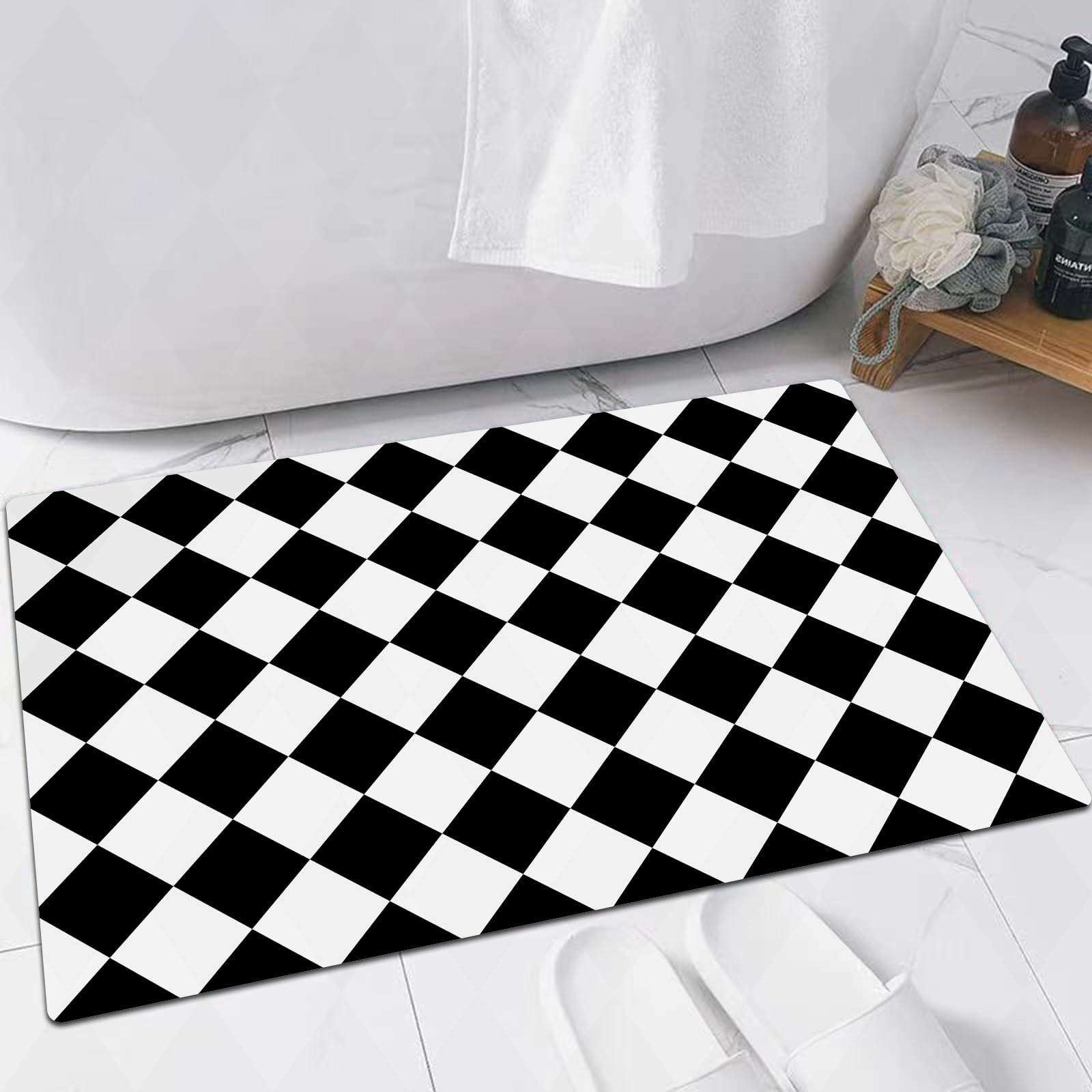 Alfombra de baño Shaggy de Microfibra,Baldosas de Suelo a Cuadros en Blanco y Negro. Textura,Suave y cómoda, Agua súper Absorbente,40x60 CM