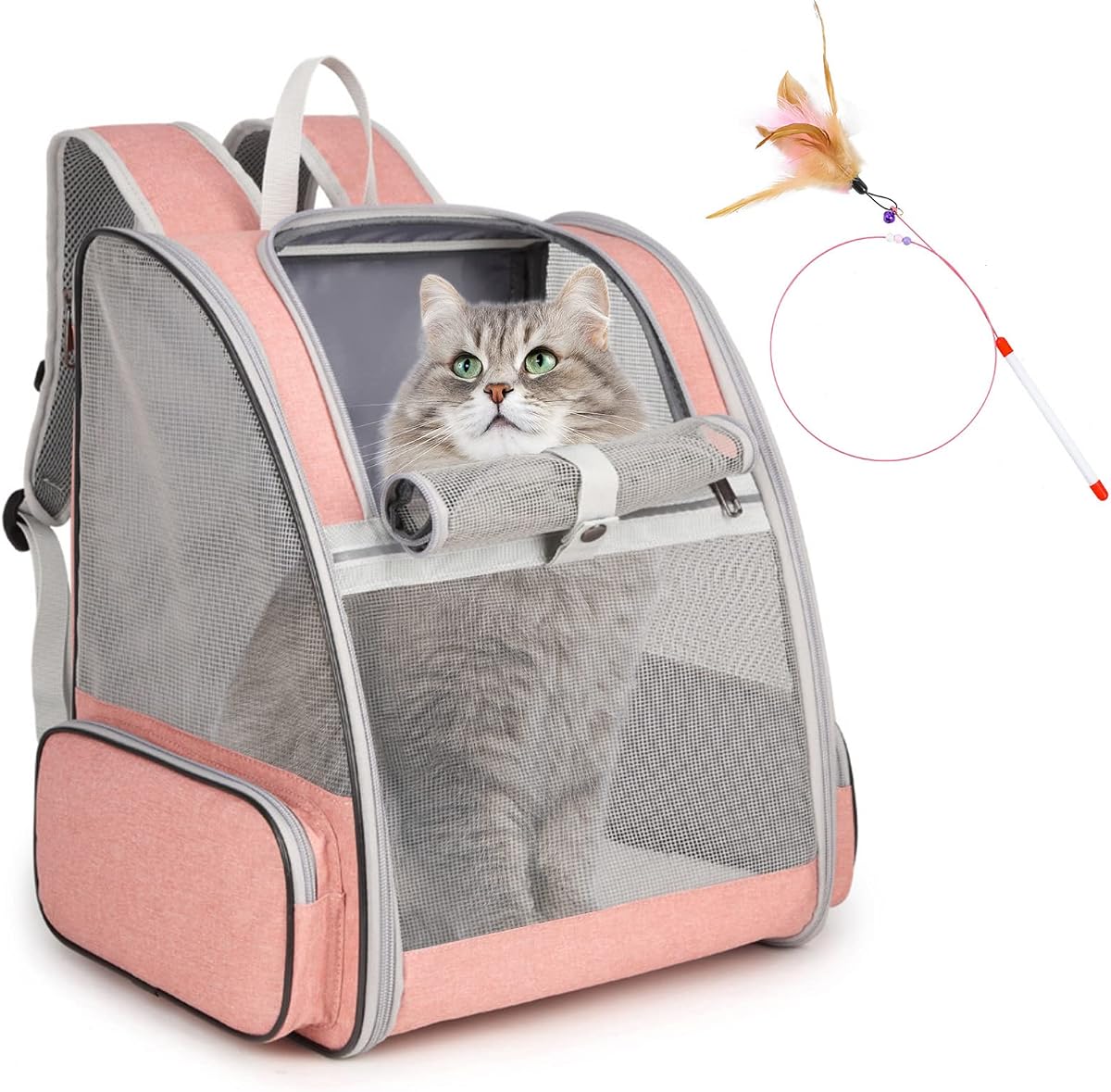 Mochila para gatos, mochila grande para mascotas con varita de gatito, juguete de plumas para perros medianos, pequeños, gatos, cachorros, conejitos de hasta 15 libras, transportador de viaje para perros de malla ventilada para senderismo, caminar, uso al aire libre (rosa)