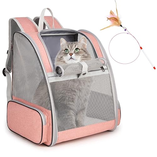 Cat Backpack Carrier, Large Pet Backpack with Kitten Wand Feather Toy for Medium Small Dog Cat Puppy Kitty Bunny up to 15lbs, Ventilated Mesh Dog Travel Carrier for Hiking Walking Outdoor Use (Pink) - Pink