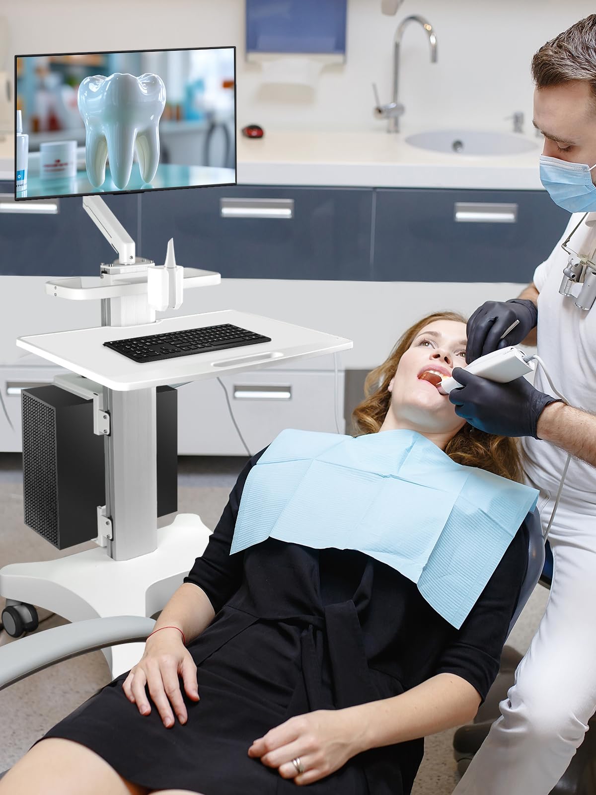 Kalolary Mobile Trolley Medical Cart,Carrello regolabile in altezza per computer portatile con ruote, per studio dentistico, con ripiano per laptop, supporto per scanner orale, supporto per tastiera e