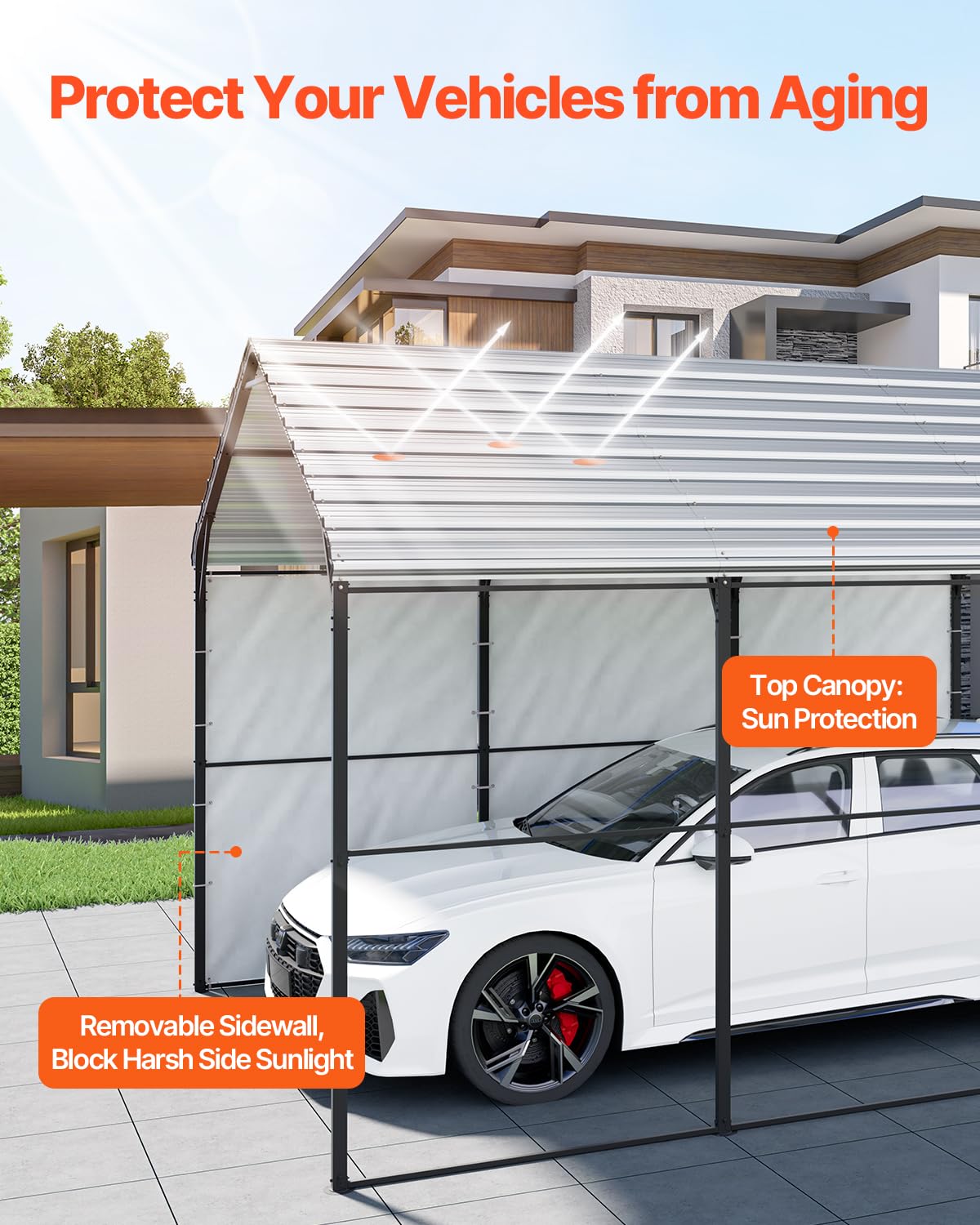 VEVOR Carport in Metallo per Impieghi Gravosi 3 x 4,5 x 3,15 m Tetto in Acciaio Zincato Tenda da Garage Pareti Laterali Rimovibili