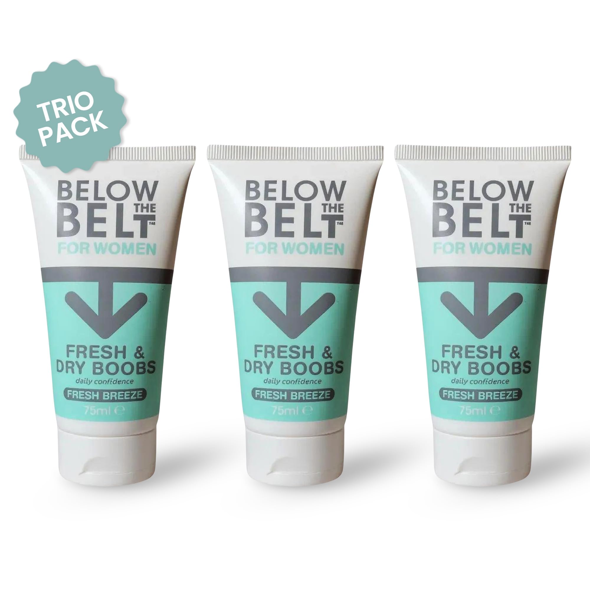 Below The Belt Crema Seno Fresco e Asciutto, Trattamento Sottoseno con Profumo di Brezza Fresca, Formula Antisudore e Antisfregamento Sottoseno, Senza Talco - Confezione Trio da 75 ml