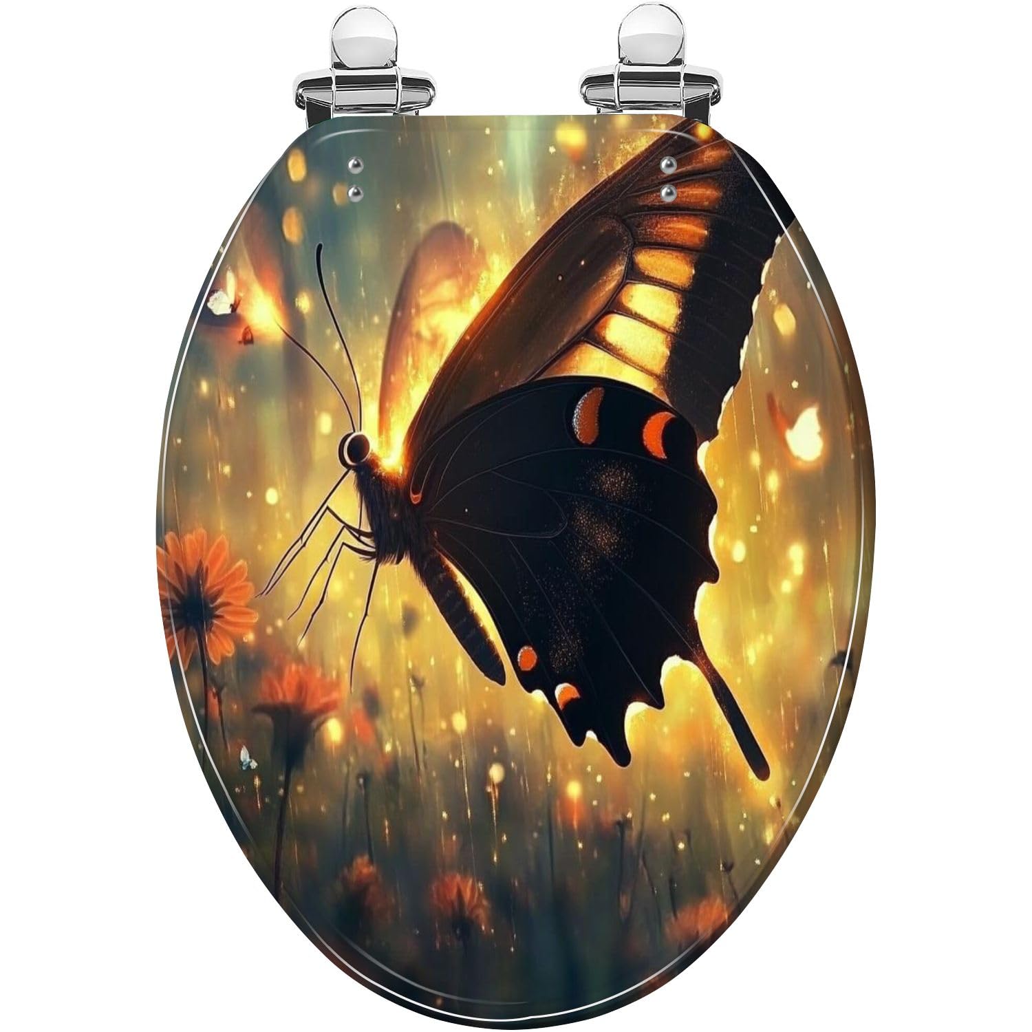 Elongated Toilet seat, Glow-in-the, Night, Sky Butterflies Flower, Quick Release Hinges, Easy Install, Adjustable, Lightweight, Durable, Portable, User-Friendly, Decorative, Resin, Dark