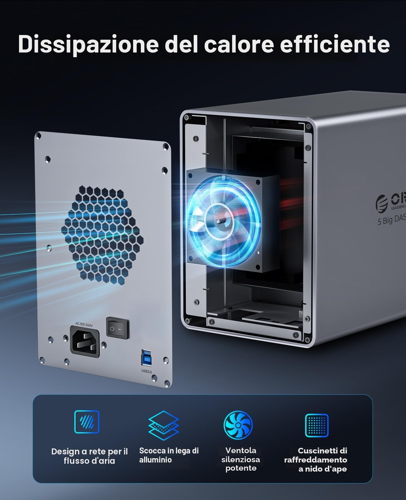 ORICO Docking Station per Disco Rigido Alluminio da 3,5 Pollici SATA a USB 3.0, 5 bay SSD/HDD, con Alimentatore e Ventola, Compatibile con MacOS e Windows (9858U3)