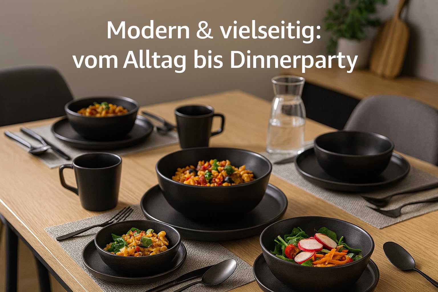 Schwarz Steingut Geschirrset 4 Personen, Teller Set 4 Personen, Tafelservice 16tlg mit Speiseteller, Dessertteller, Suppenteller, Schüssel- und Teller Set