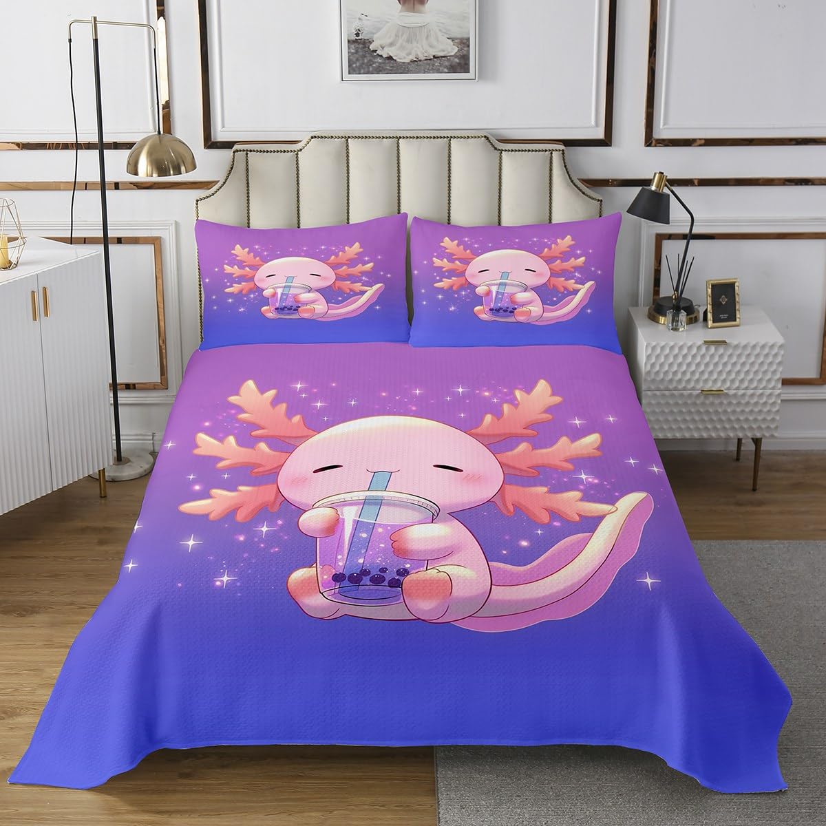 jejeloiu Cartoon Salamander Bedspread for Kids Boys Girls Cute Axolotl Coverlet Set Twin Size Kawaii Ocean Sealife Quilted Coverlet Reptile Animal Bedroom Decor Breathable Soft Lightweight