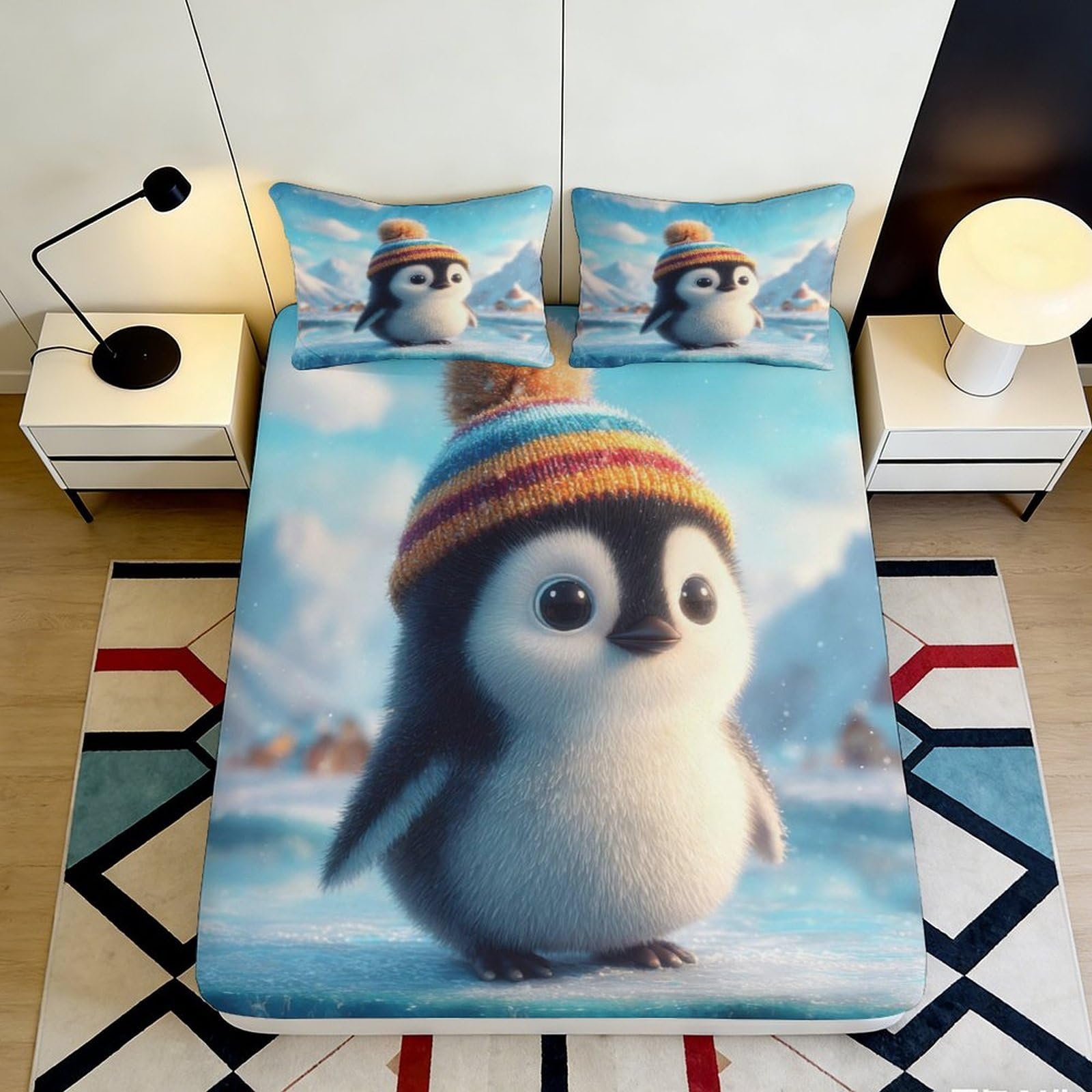 3D Printed Cute Penguin Fitted Sheet Microfiber Soft Anti-Slip Cartoon Winter Hat Mattress Cover Bedroom Dorm Decor 160x200x25cm
