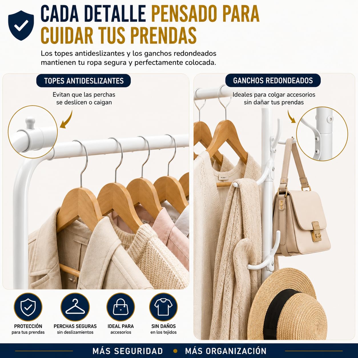 TIENDA EURASIA – Perchero Burro para Ropa con Ruedas | Acero | 4 Ganchos Laterales | Topes Antideslizantes | 4 Ruedas con Freno | Carga Máxima 25 kg | Blanco | 160x118x45.5 cm
