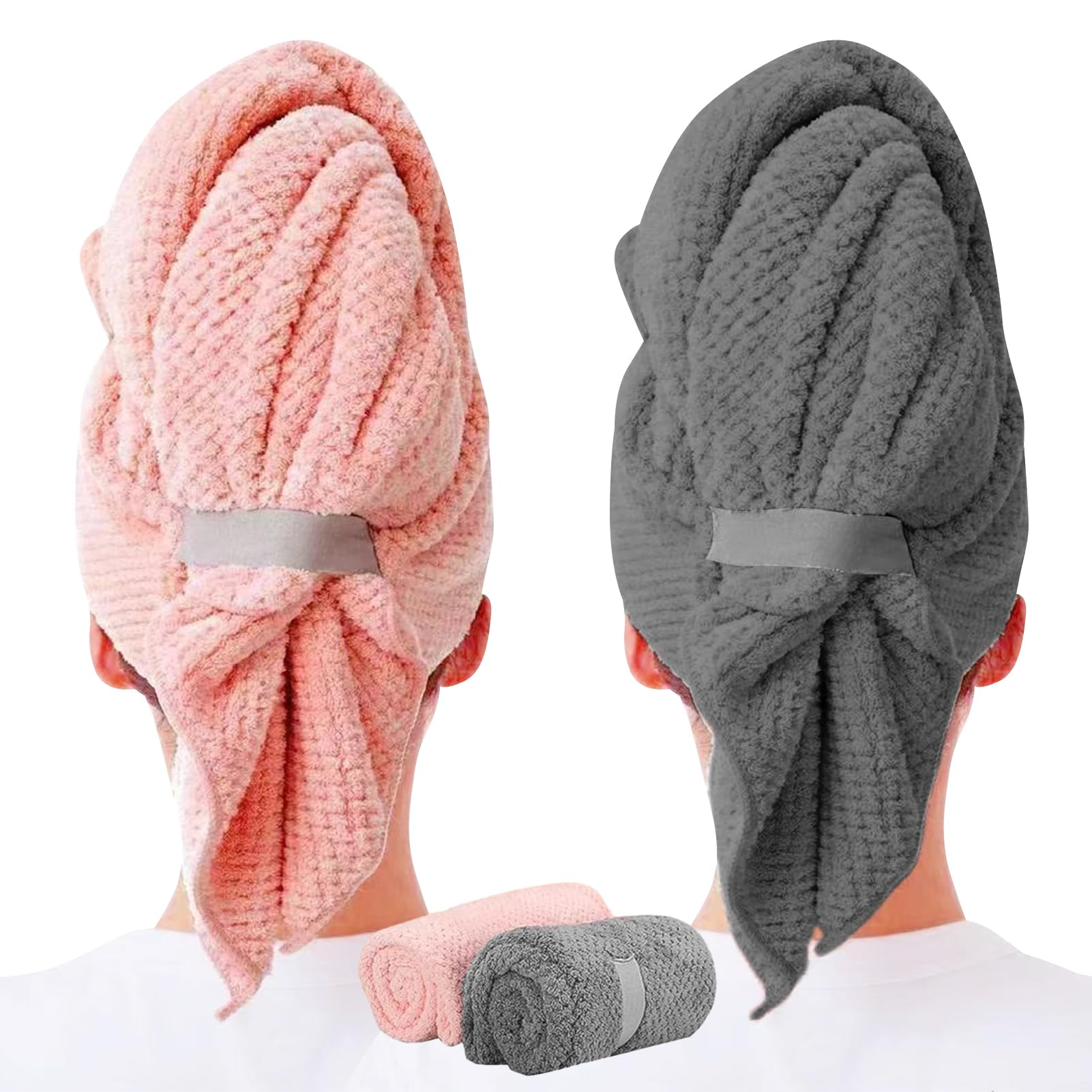 2 Pack Microfiber Hair Drying Towels for Women,100 x 60cm Super Absorbent, Super Soft, Microfiber Hair Towel Wrap Fast Drying Turbans for Long, Thick, Curly Hairs - An-ti Frizz Wrap with Elastic Strap