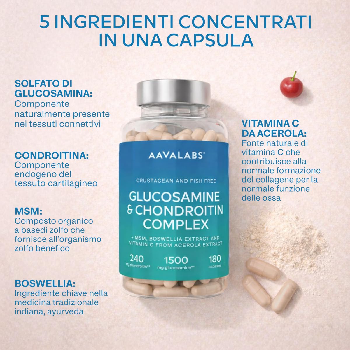 Glucosamina Condroitina MSM Integratore Alto Dosaggio con Boswellia Serrata e Vitamina C Naturale da Acerola - Senza Pesce e Crostacei - Integratore Difese Immunitarie, Ossa, Cartilagini - 180 Capsule
