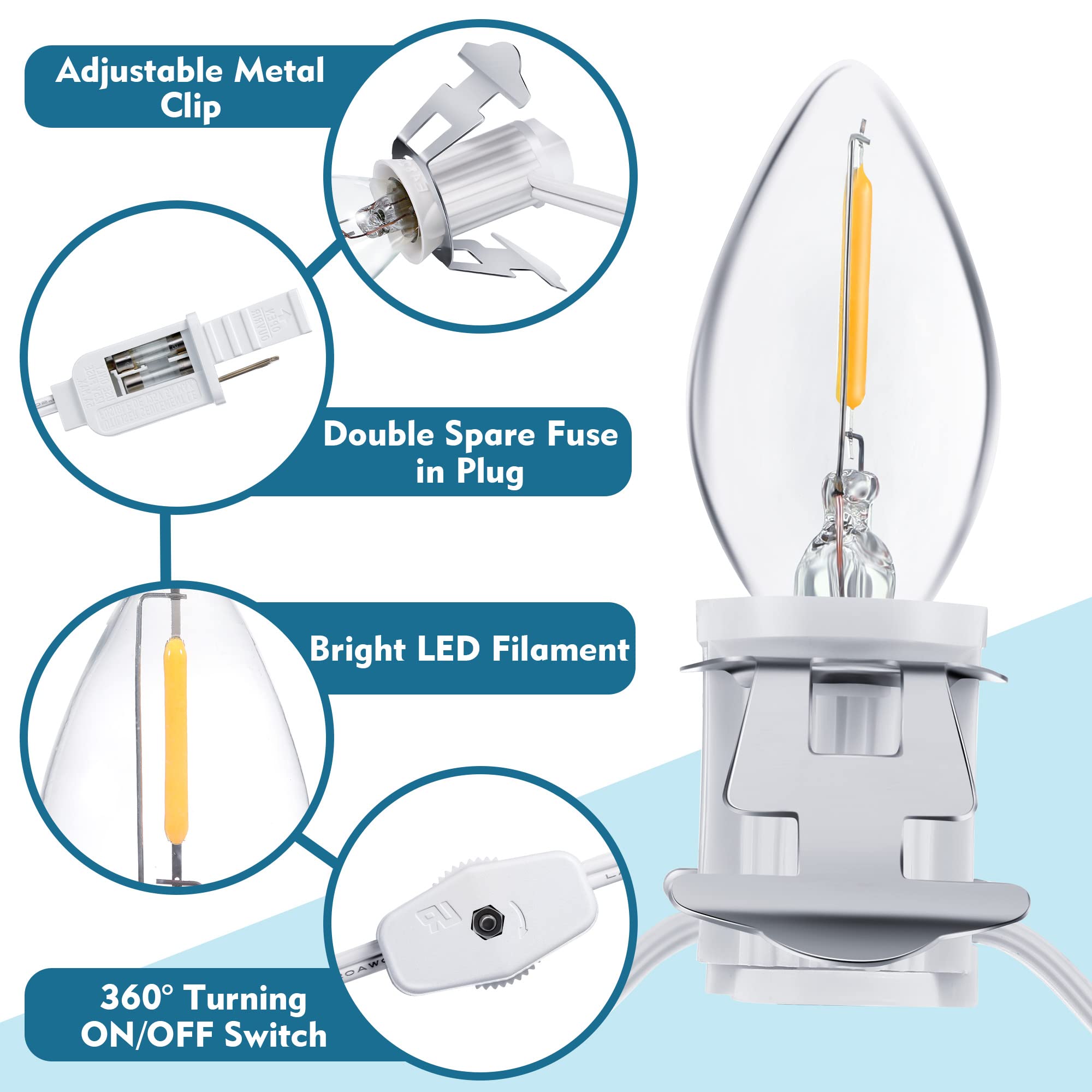 Christmas Village Light Accessory Cord with 6 LED Light Bulb, 11.5 ft C7 LED Lamp with Dual Fuse and On/Off Switch Plugs for Christmas Village House Crafts Pumpkin Lights (2 Pack)