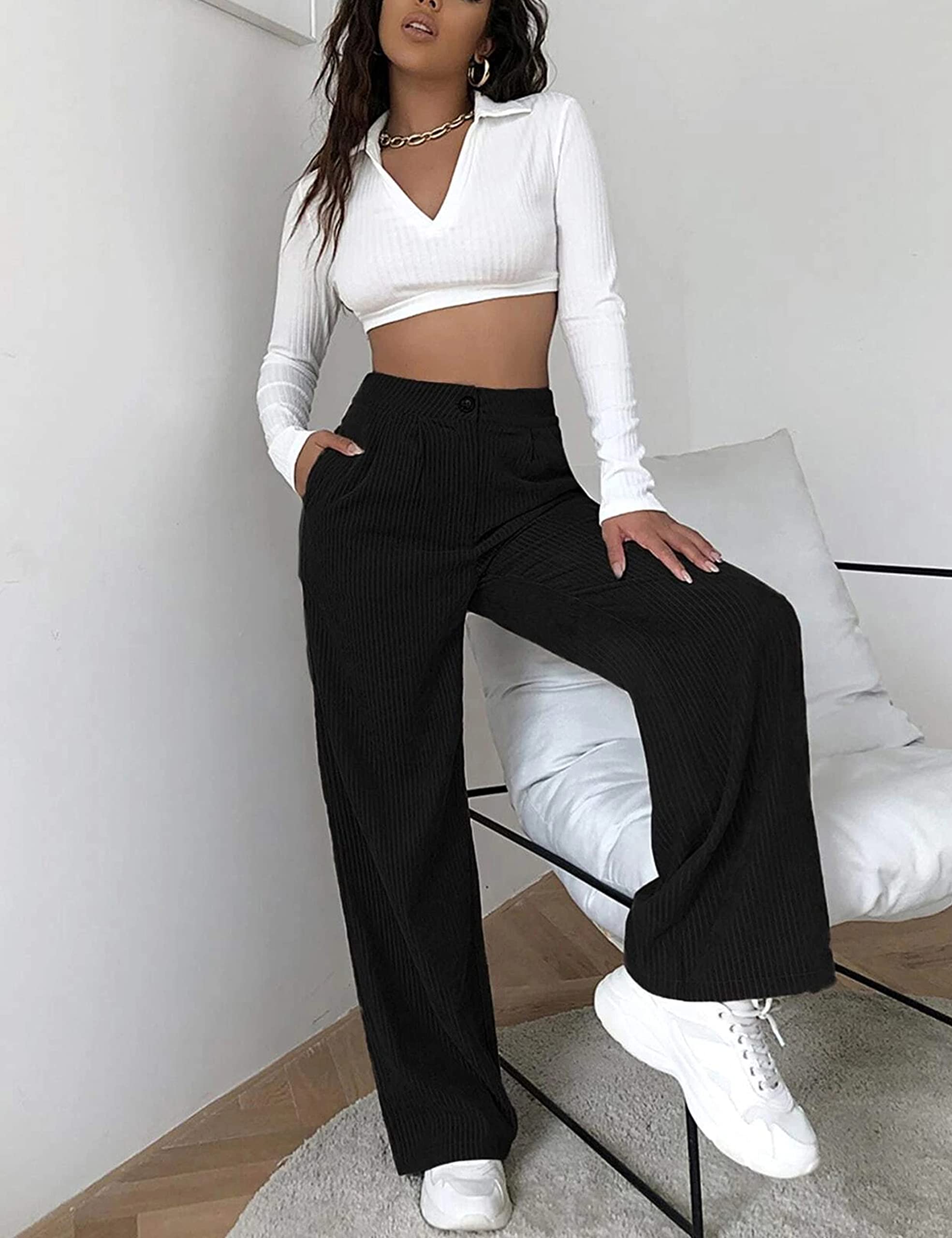 SCUSTY Women's Vintage Corduroy High Elastic Waist Wide Leg Pocketed Pants Trouser