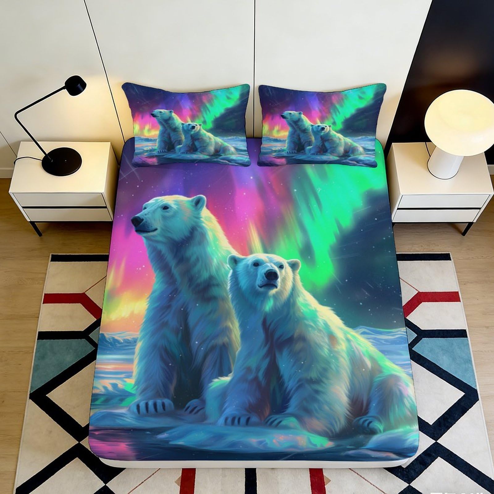 3D Printed Polar Bears Fitted Sheet Microfiber Soft Breathable Aurora Mattress Cover for Bedroom Dormitory Guest Room Protection Decoration 160x200x25cm