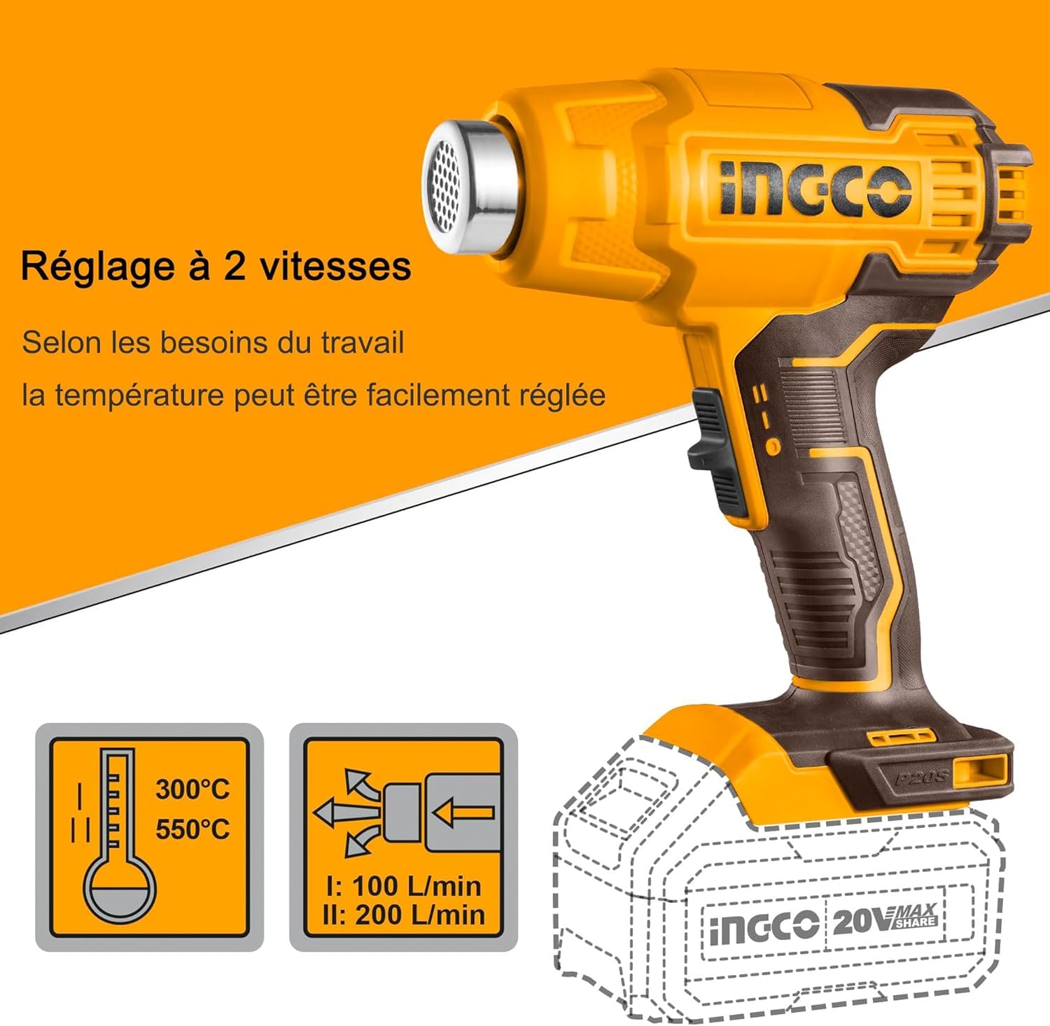 INGCO Pistolet à Air Chaud Sans Fil 20V (Produit Seul) Contrôle de Température Variable, 300/550 °C, Decapeur Thermique Portable avec 3 Buses HGLI2002
