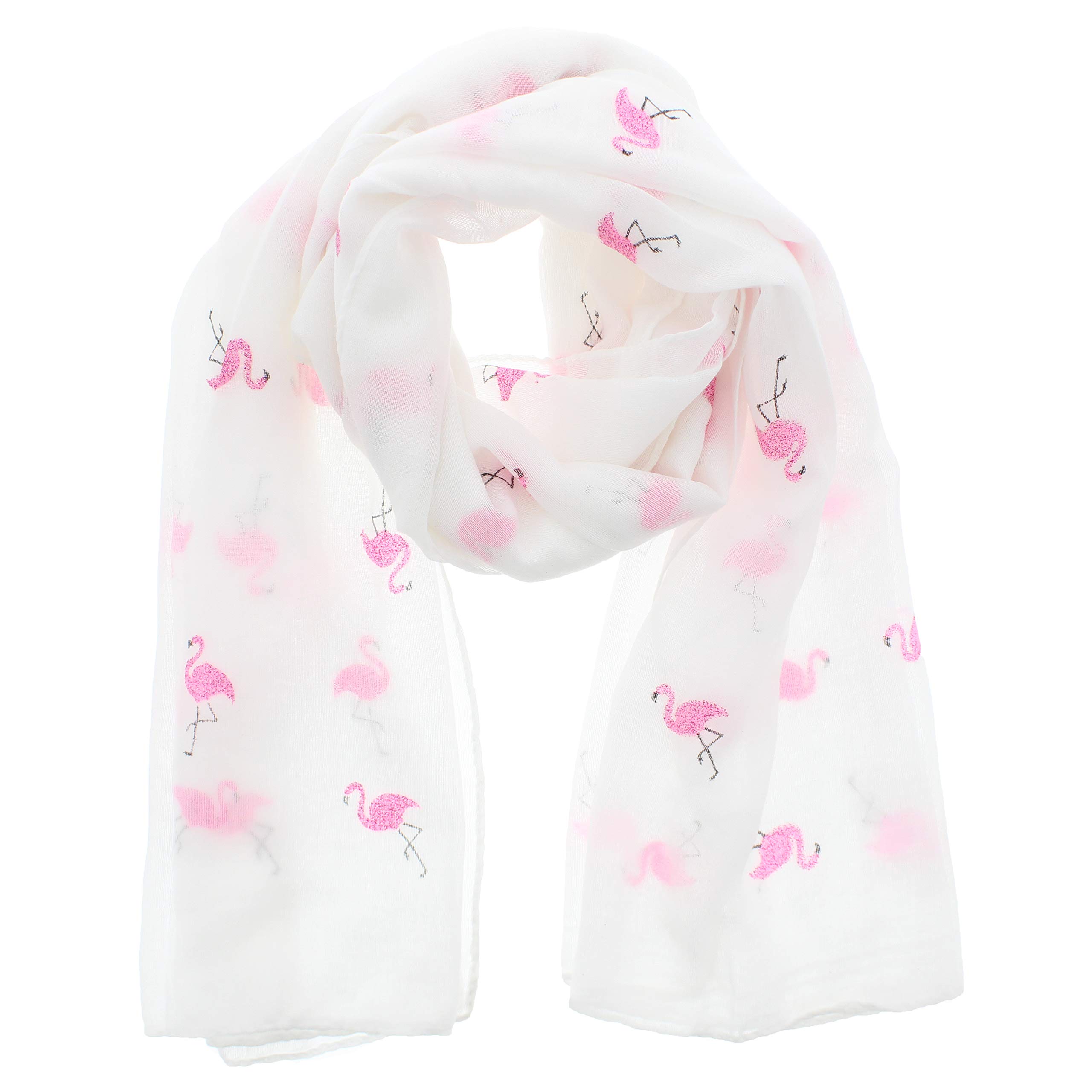 Zac's Alter Ego Women's White Long Lightweight Scarf With Pink Glitter Flamingoes