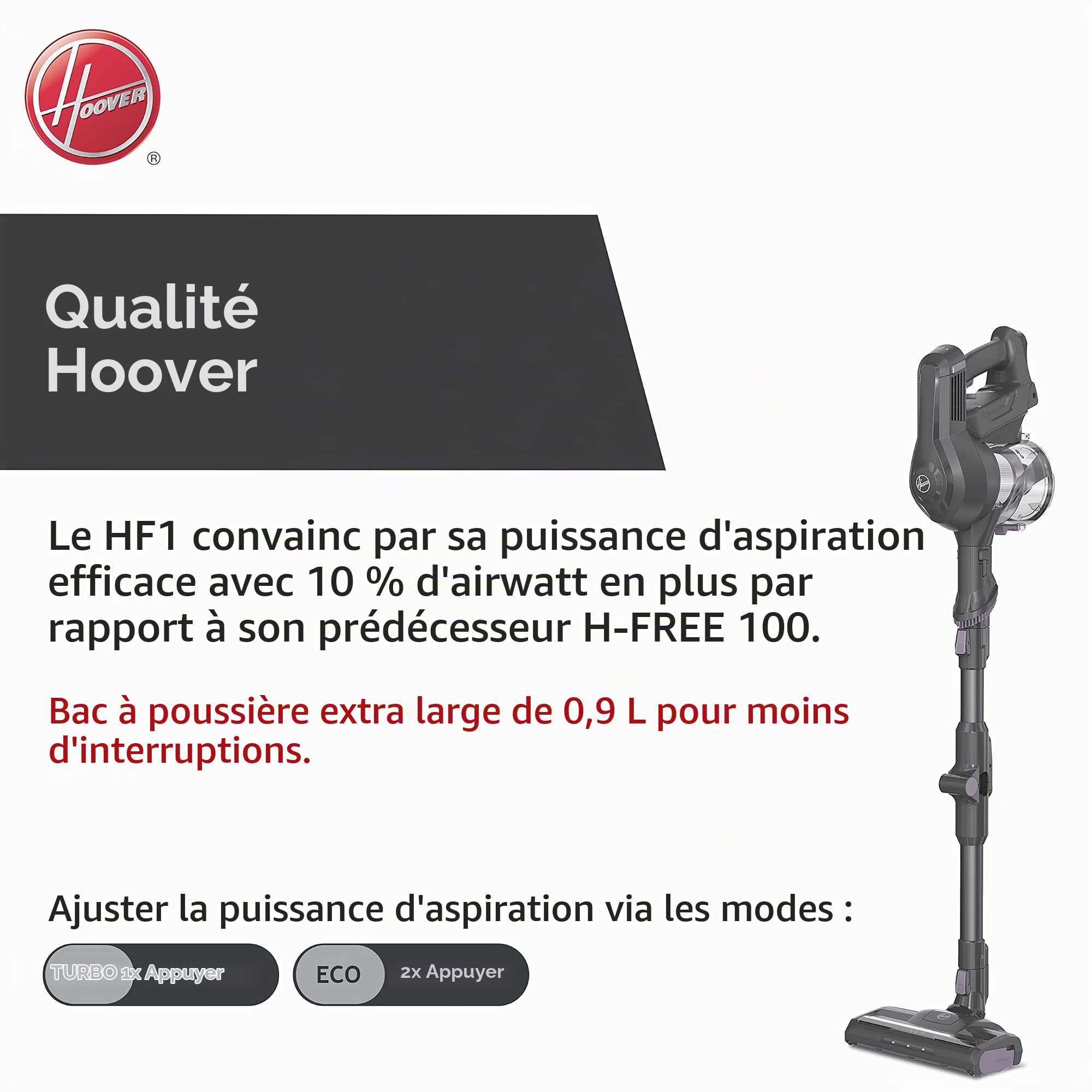 Hoover HF103X, Aspirateur Balai sans Fil Multifonction, Puissant 22V, Grande Autonomie 30m, Grande capacité 0,9L, Electrobrosse LED, Position Park&GO,Vidage Facile,Tube Flexible+Accessoires Embarqués