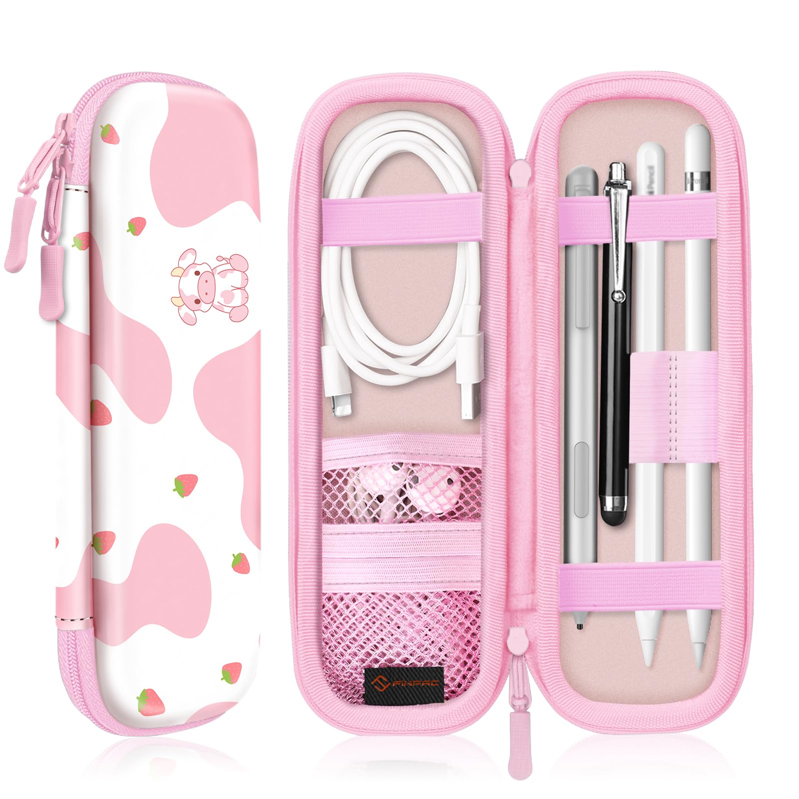 Fintie Holder Case for Apple Pencil Pro, Apple Pencil (USB-C / 1st / 2nd Generation), PU Leather Carrying Bag Sleeve Compatible with Pen, USB Cable, Samsung Stylus, Strawberry Cow