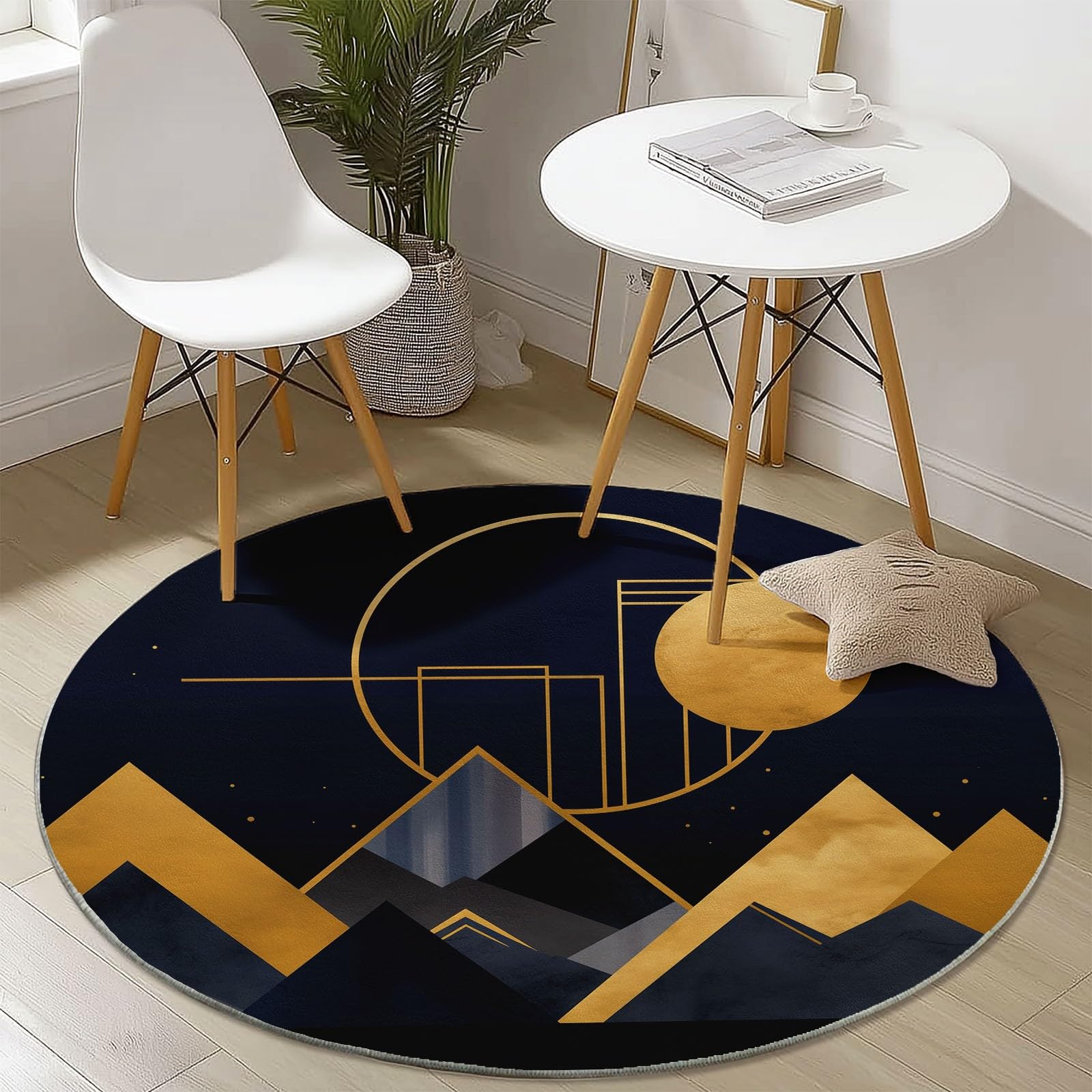 Tapis Rond en Flanelle Noir et Doré de 120 cm de Diamètre, Motif Géométrique de Lune et Triangles Abstraits, Tapis Décoratif à Poils Ras Doux et Antidérapant pour Salon Moderne, Chambre ou Balcon