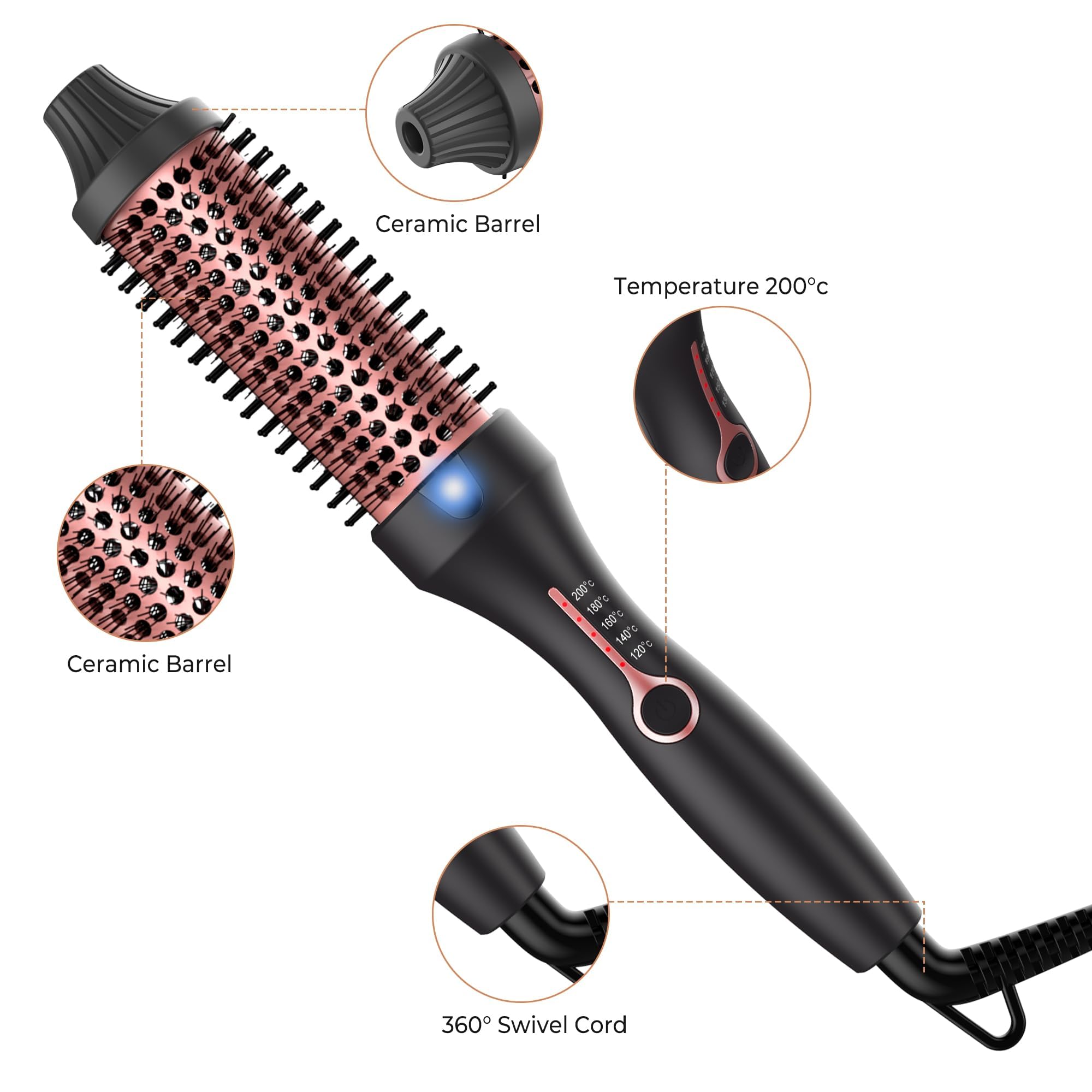 Thermal Brush Wärmebürste 38mm, Thermobürste Rundbürste 120-200℃, Heat Brush Double Spannung Erhöhen Sie das Haarvolumen, Verwendet als Kamm, Glätteisen, Lockenstab, Leichte Kompakte Größe