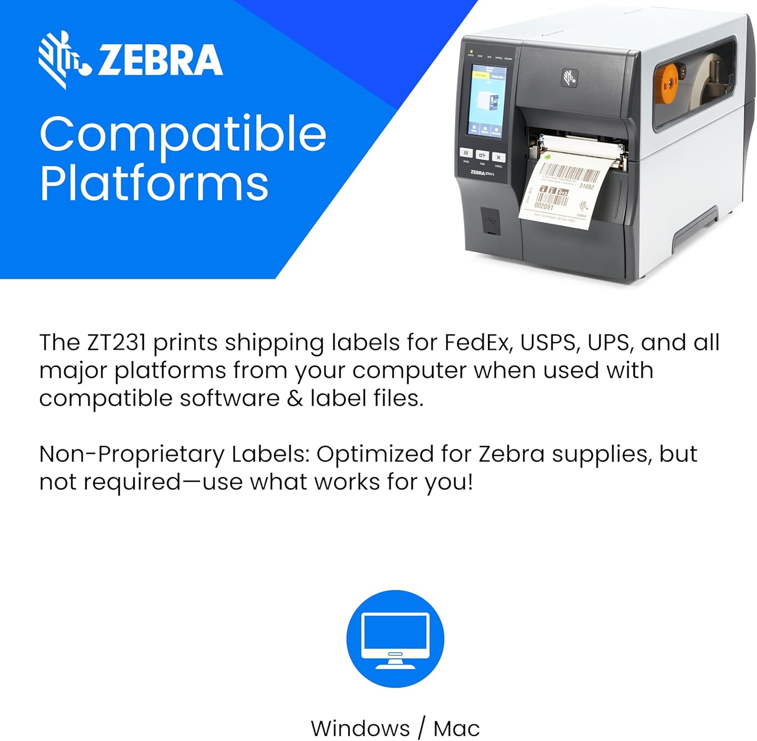 Zebra ZT231: Versatile 4" Thermal Printer with Touch LCD and No Ink Needed