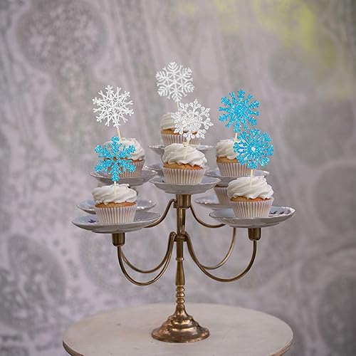 Miniatura 6 de 24 adornos de copos de nieve para cupcakes de invierno con purpurina azul y plateada para cupcakes de copos de nieve de invierno, decoración de