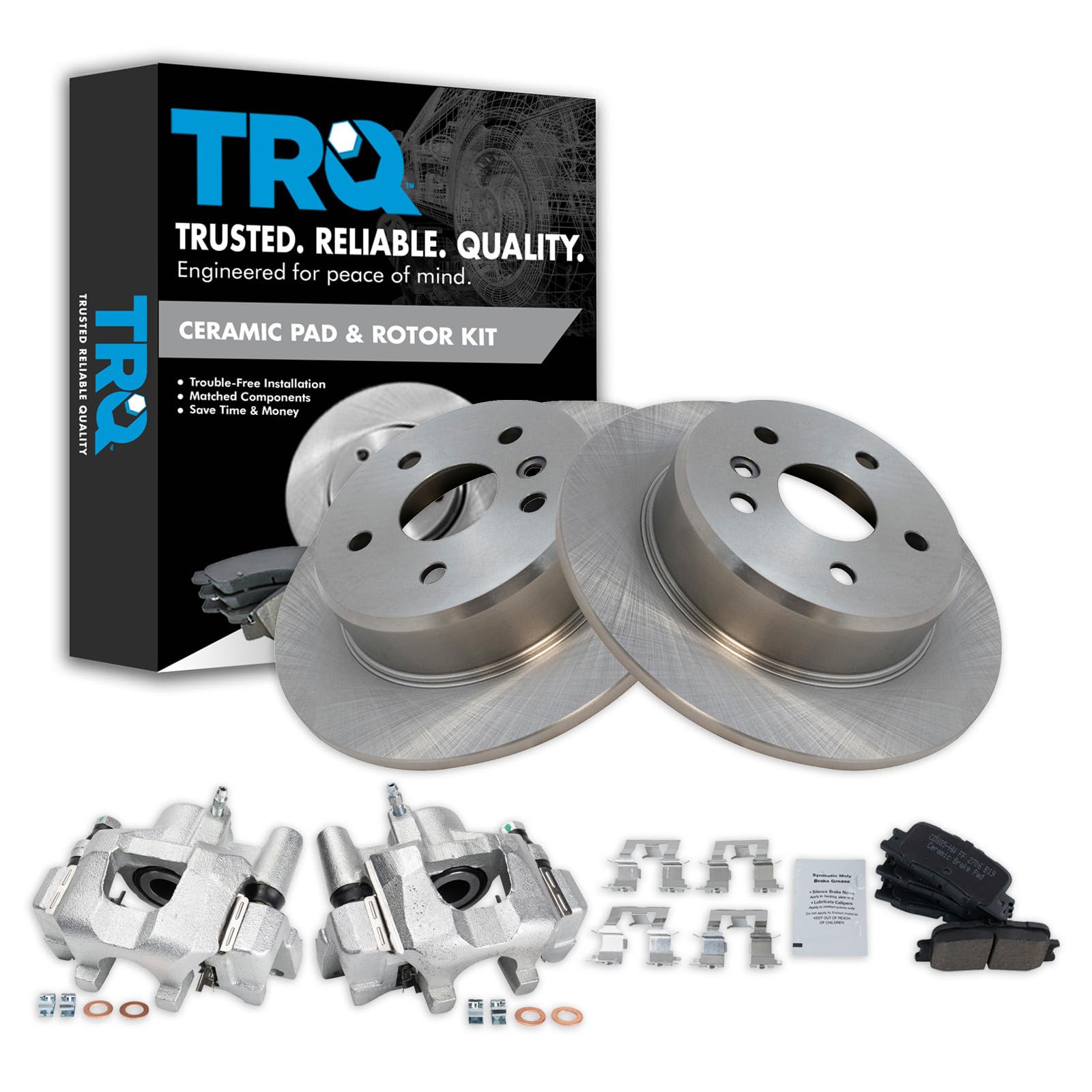 TRQ Rear Brake Pad and Rotor Set Ceramic Solid Rotors Calipers