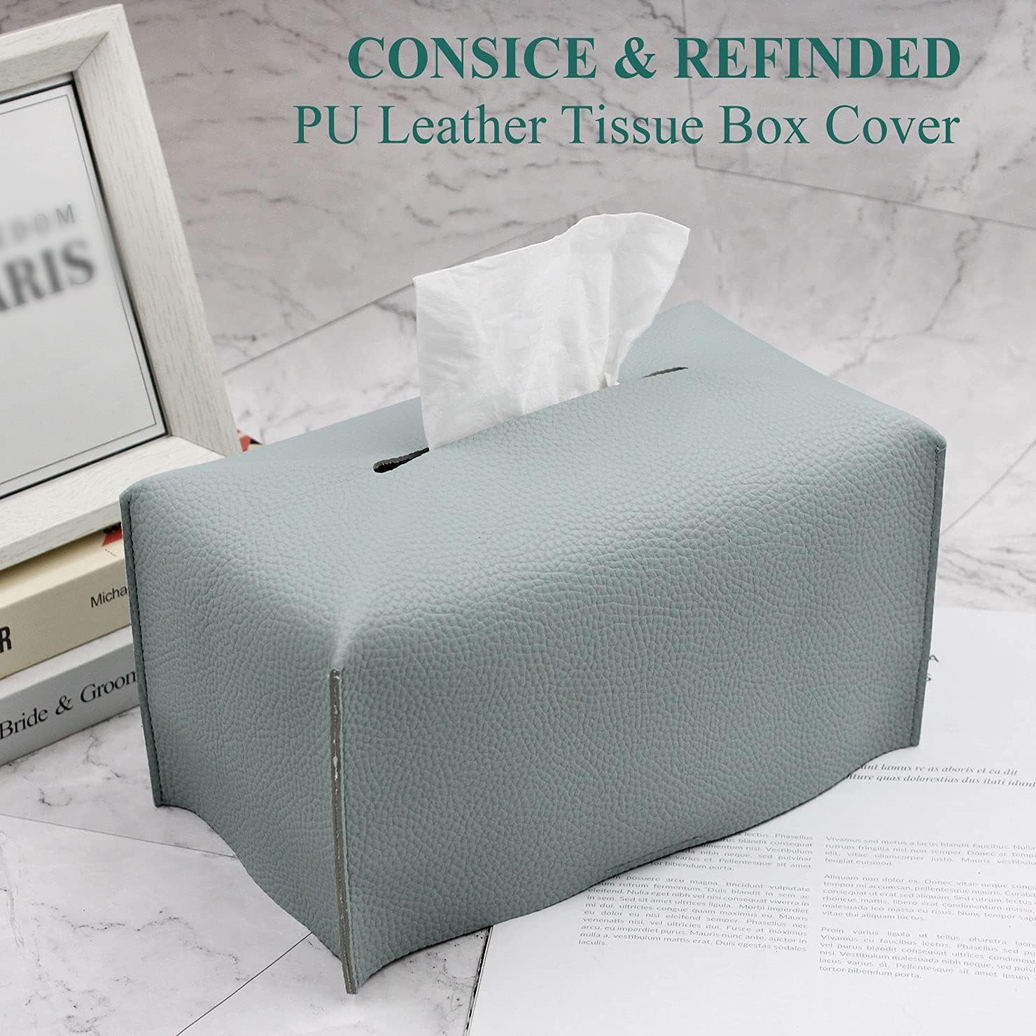 Livelab Tissue Box Cover, Modern Decorative PU Leather Rectangular Tissue Box Case Organizer Holder for Vanity Countertop, Night Stands, Livingroom, Office Desk & Car 9.5X5X5'' | Water Blue image 4
