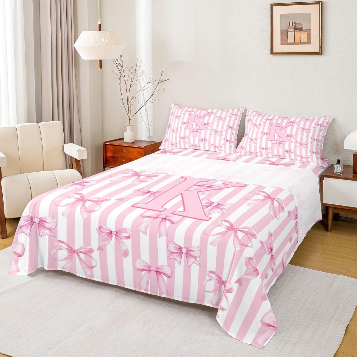 Homewish Paski różowe kawaii inicjał litera K alfabet kokarda zestaw pościeli podwójna marzycielska księżniczka prześcieradła kokardka pościel - ciepła miękka pościel zestaw pościeli 4 sztuki