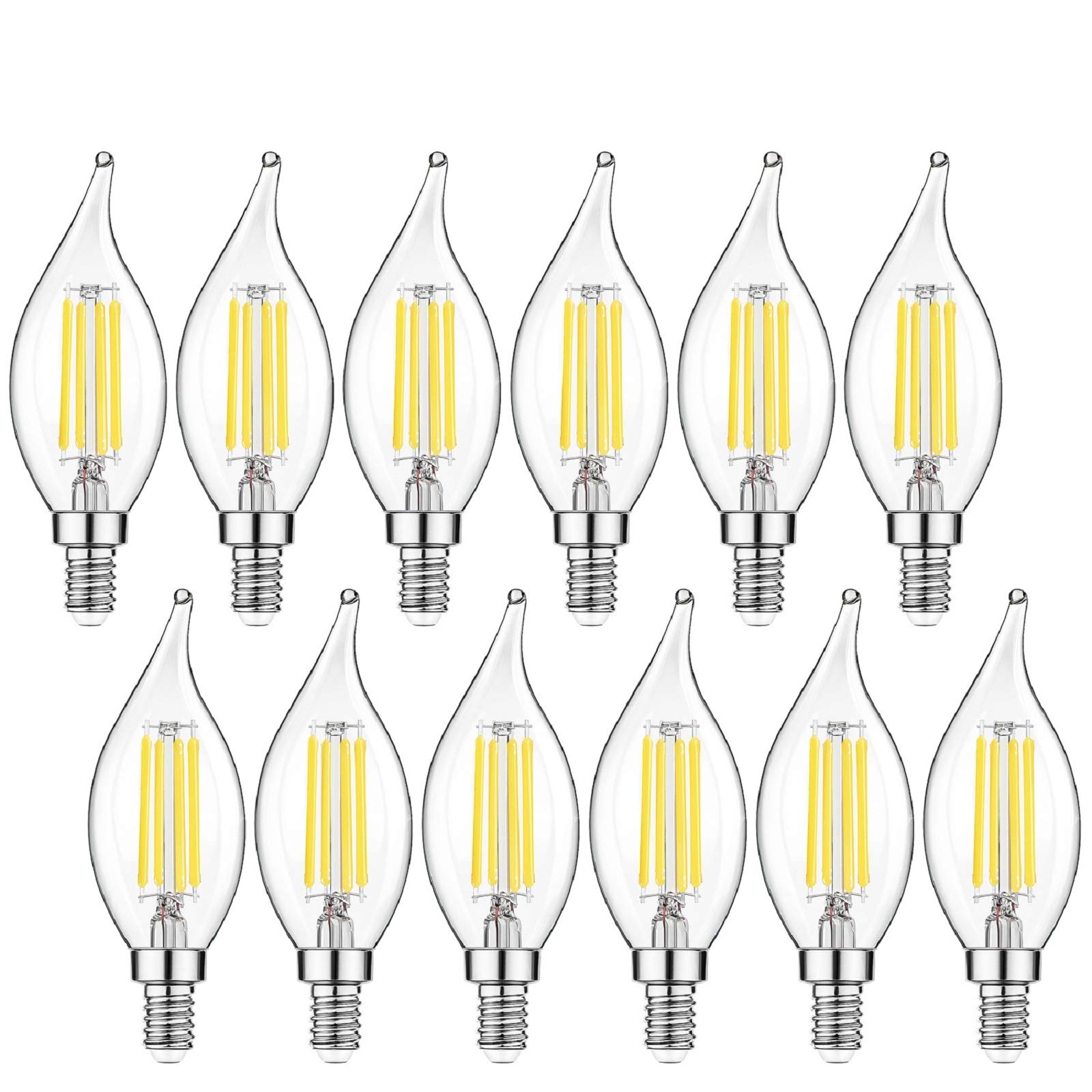 E12 LED Candelabra Bulbs, Dimmable 5000K Daylight White, 40W Equivalent Flame Tip LED Chandelier Light Bulbs 4W, CA11 Vintage Filament LED Candle Bulb with Decorative Candelabra Base, 12 Packs
