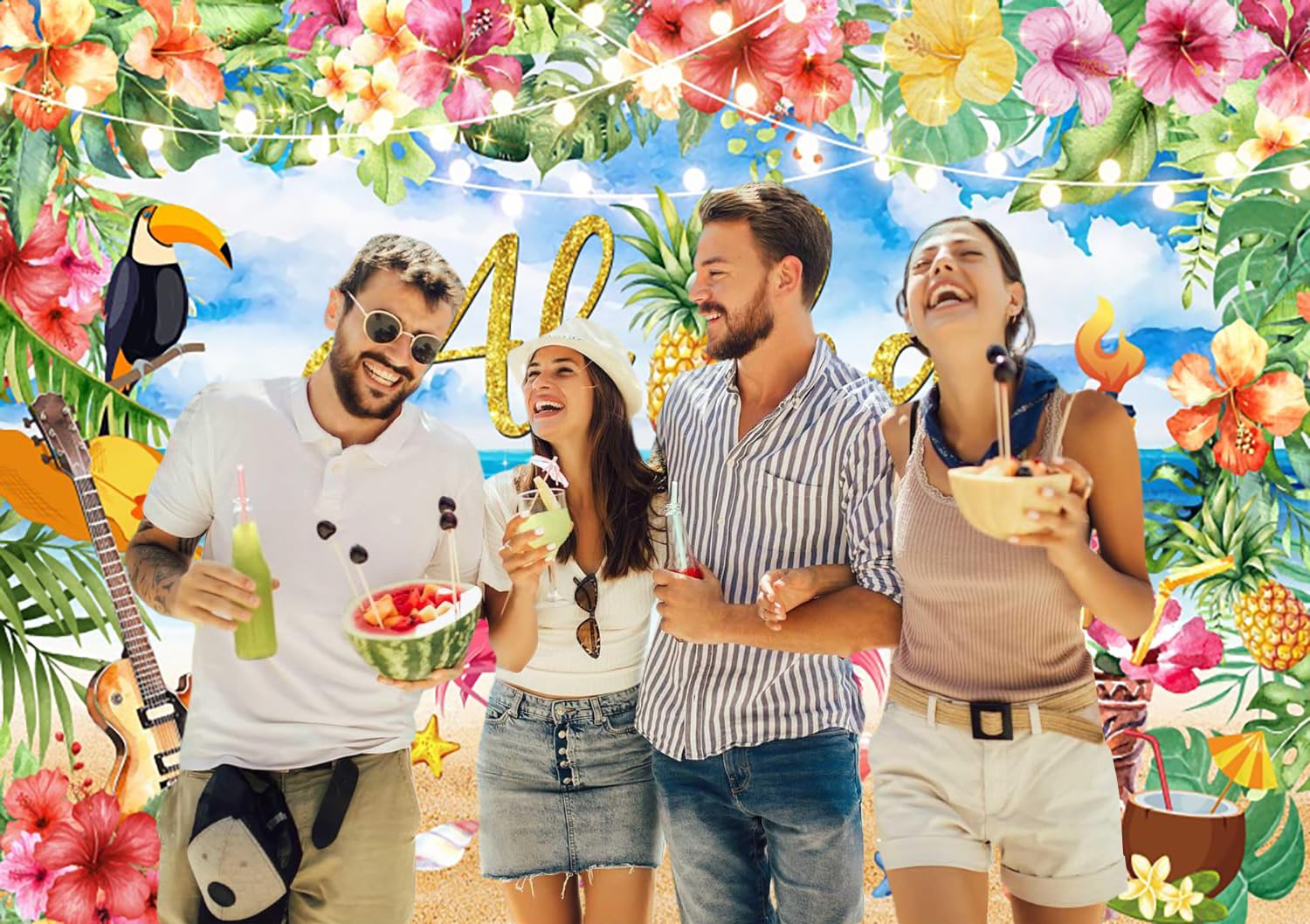3.6x3m Telón de Fondo Playa Verano Tropical Hojas de Palma Flores Flamingo Fotografía Fondo Boda Baby Shower Cumpleaños Hawaiano Aloha Luau Fiesta Decoraciones Banner Photo Booth Props