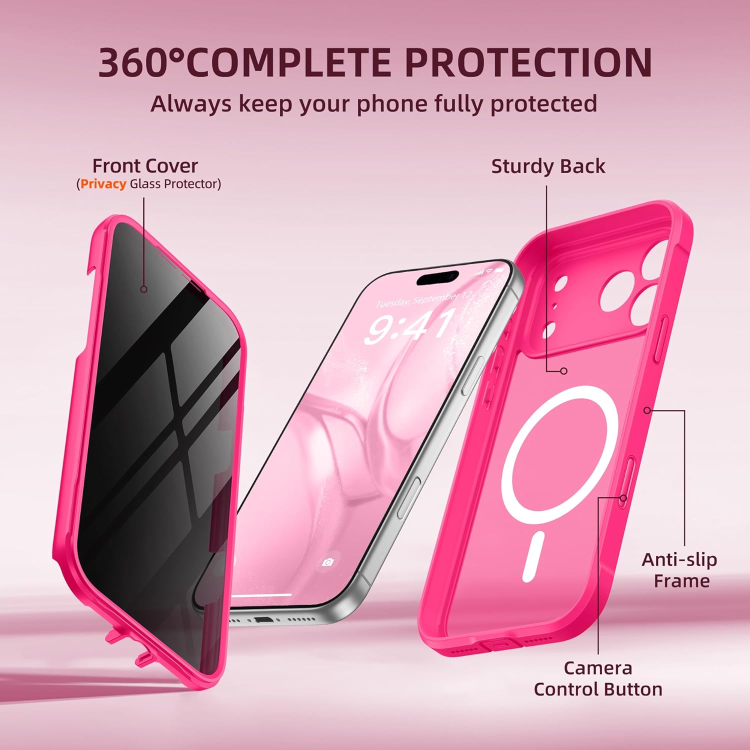 BERFY for iPhone 17 Pro Case, Compatible with MagSafe, Built-in Privacy Screen Protector and Camera Protection, Anti-Spy Full Body Shockproof Translucent Matte Phone Case for 17 Pro 6.3", Hot Pink - Image 8