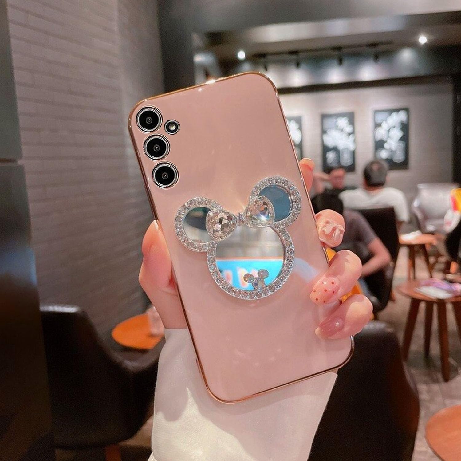 KC Back Cover for Samsung Galaxy A14 5G, Round Mickey Mouse Mirror Electroplated Soft Silicone Camera Protection Case - Pink