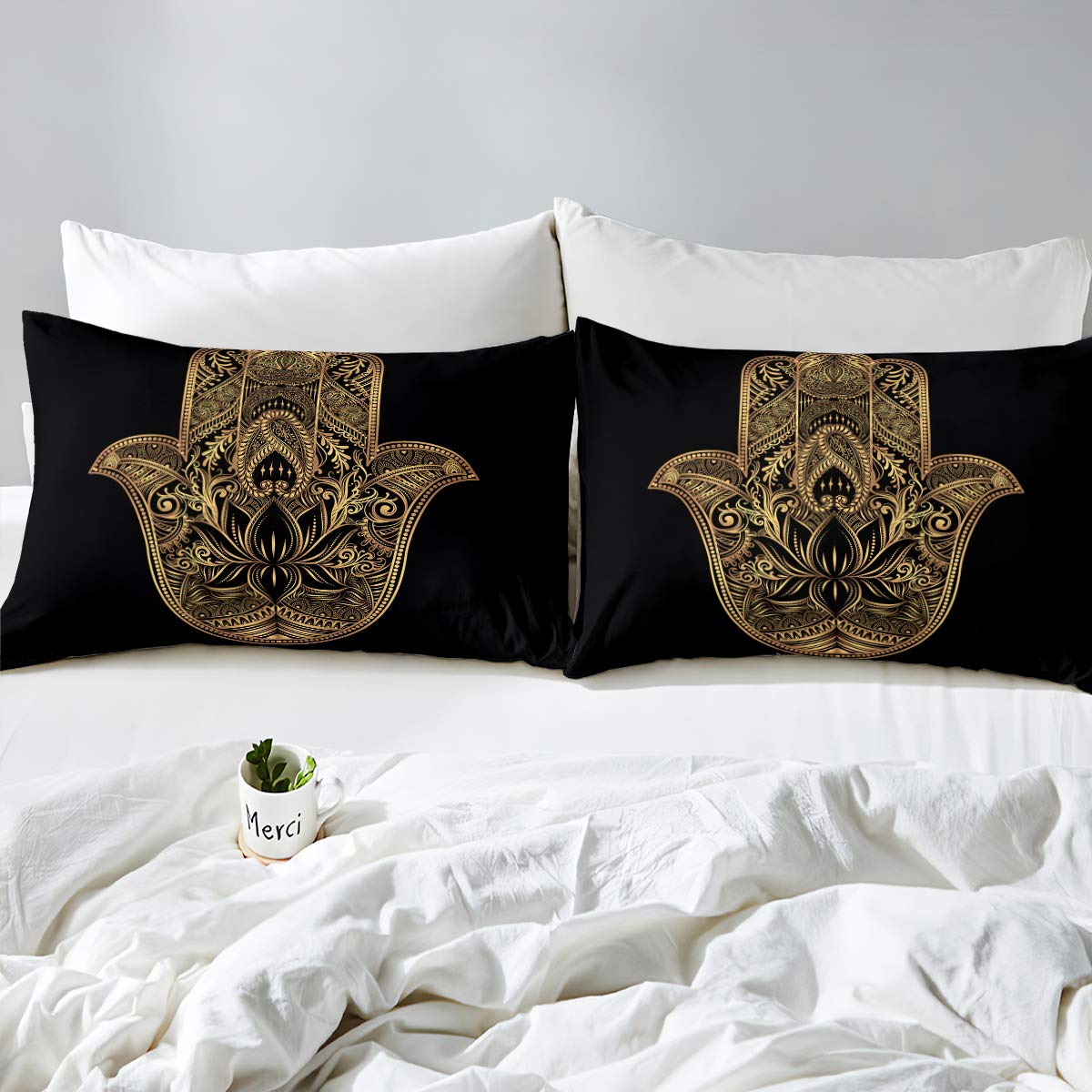 Bohemian Duvet Cover Set Single for Kids 3D Printed Indian Ethnic Buddha Bedding Set Golden Black Buddhist Hand Lotus Flower Comforter Cover with 1 Pillow Shams Zipper Closure Soft Boys - Image 2
