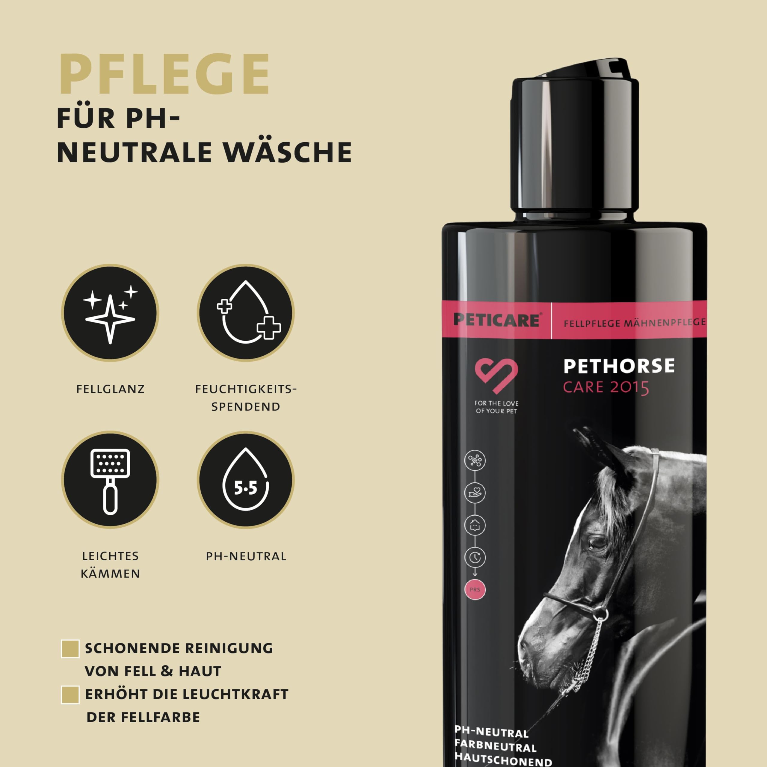 Peticare horse shampoo - szampon pielęgnacyjny dla wszystkich ras, neutralny ph skóry, łagodny i delikatny, ułatwia rozczesywanie, na splątane włosy - petHorse Care 2015