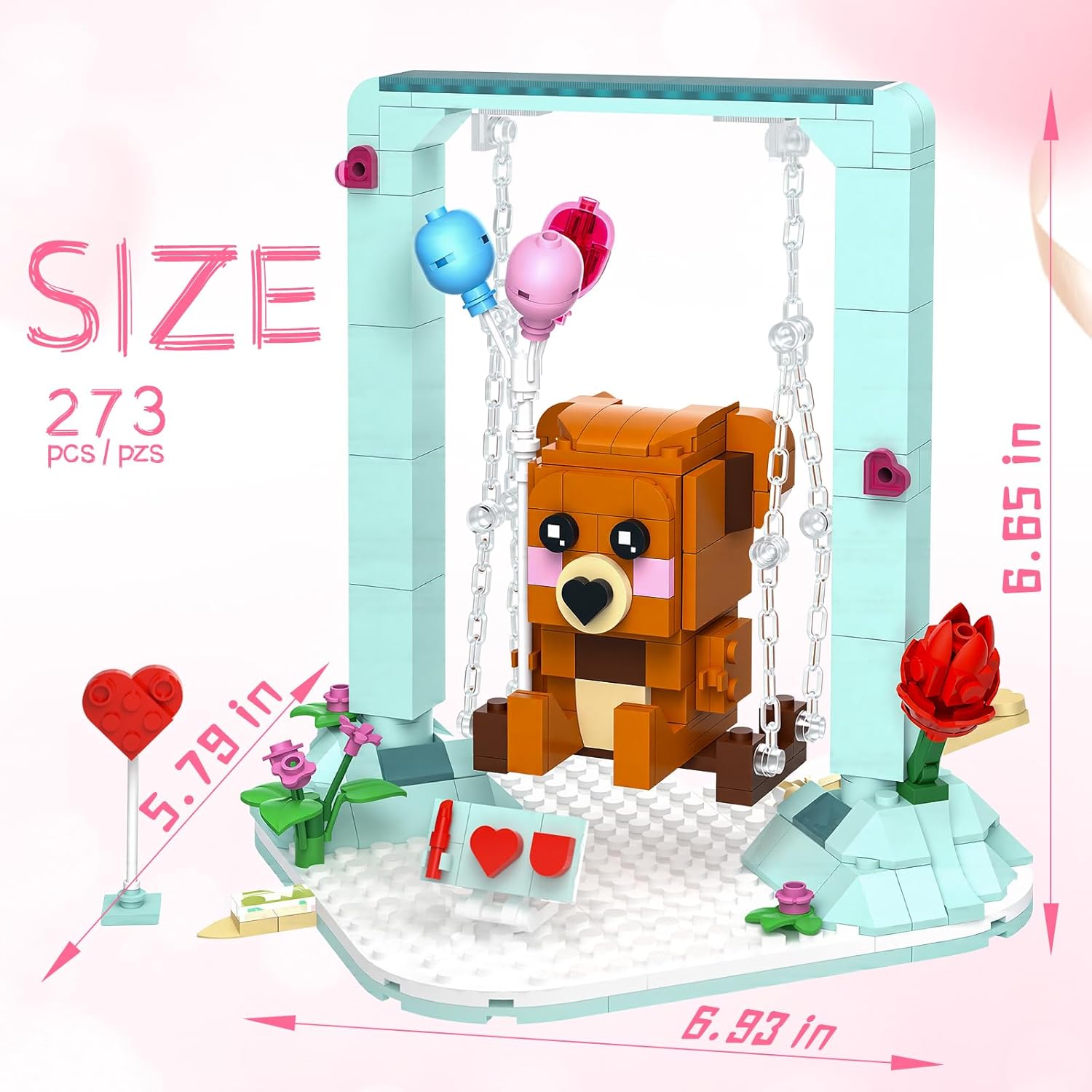 Nubee Valentine’s Brown Bear Building Toys Compatible for Lego, Cute Swing Bears Building Sets with Heart, Flowers, I Love You, Cupid's Arrow, Birthday Valentine Gifts for Boys Girls Aged 8+